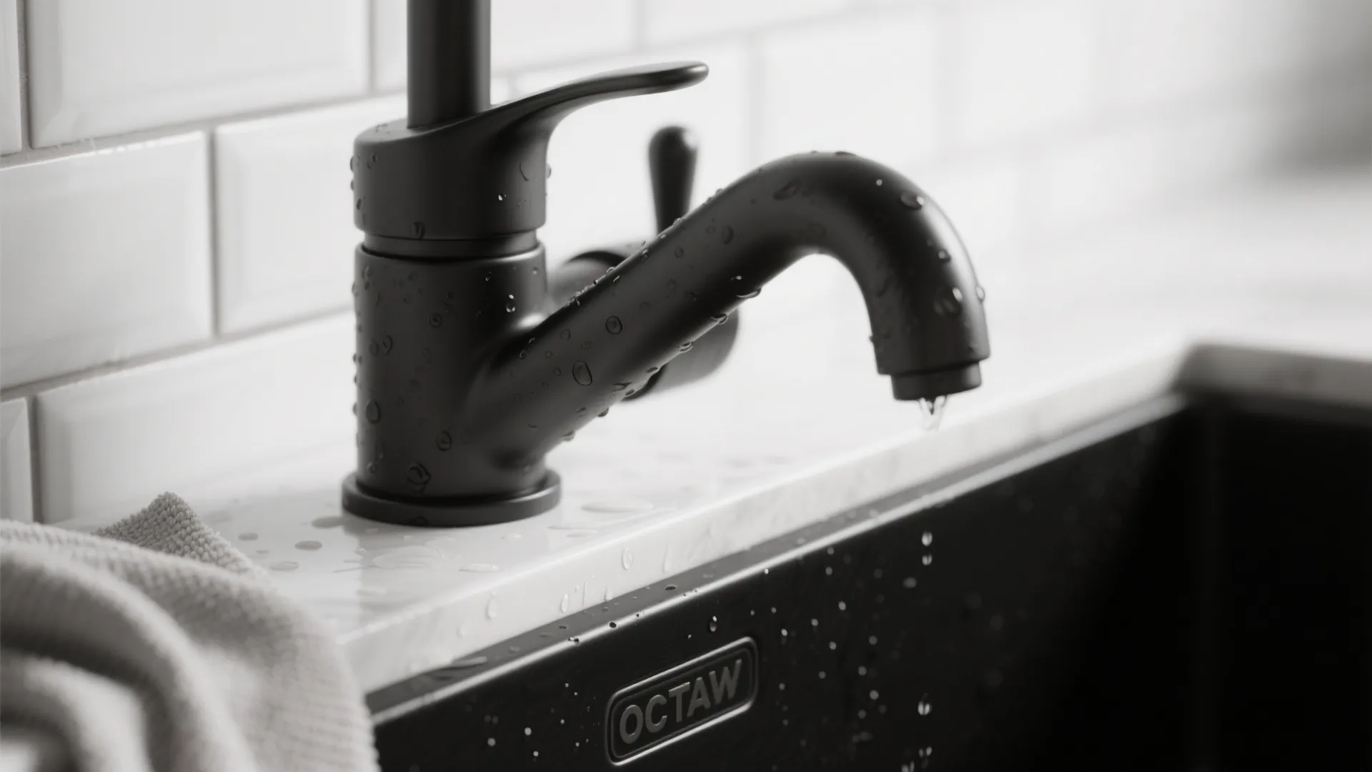 Macro of a matte black faucet spout showing texture and tiny water droplets against white tile.