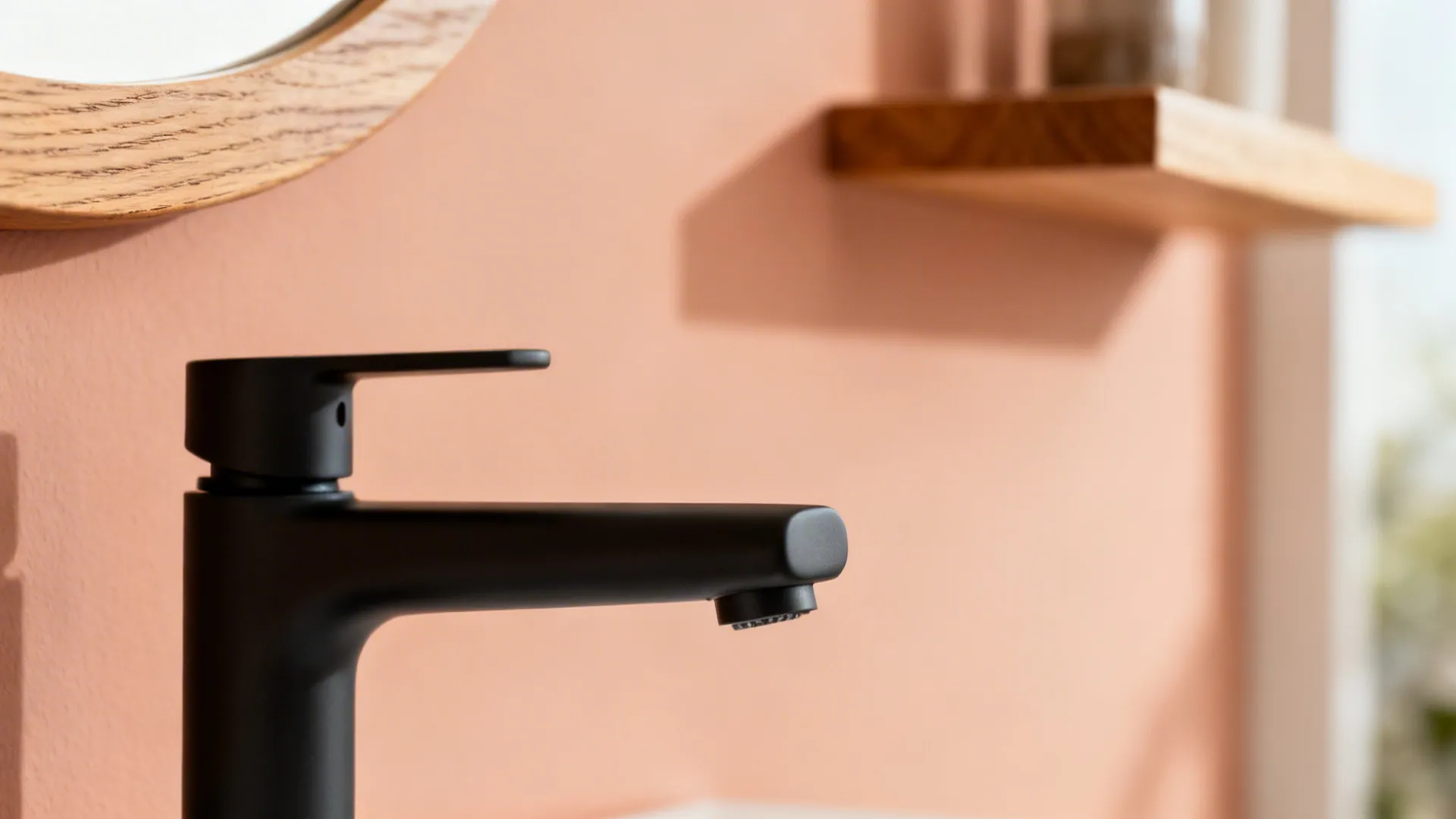 Close-up of a matte black faucet set against a soft peach wall with an oak shelf.