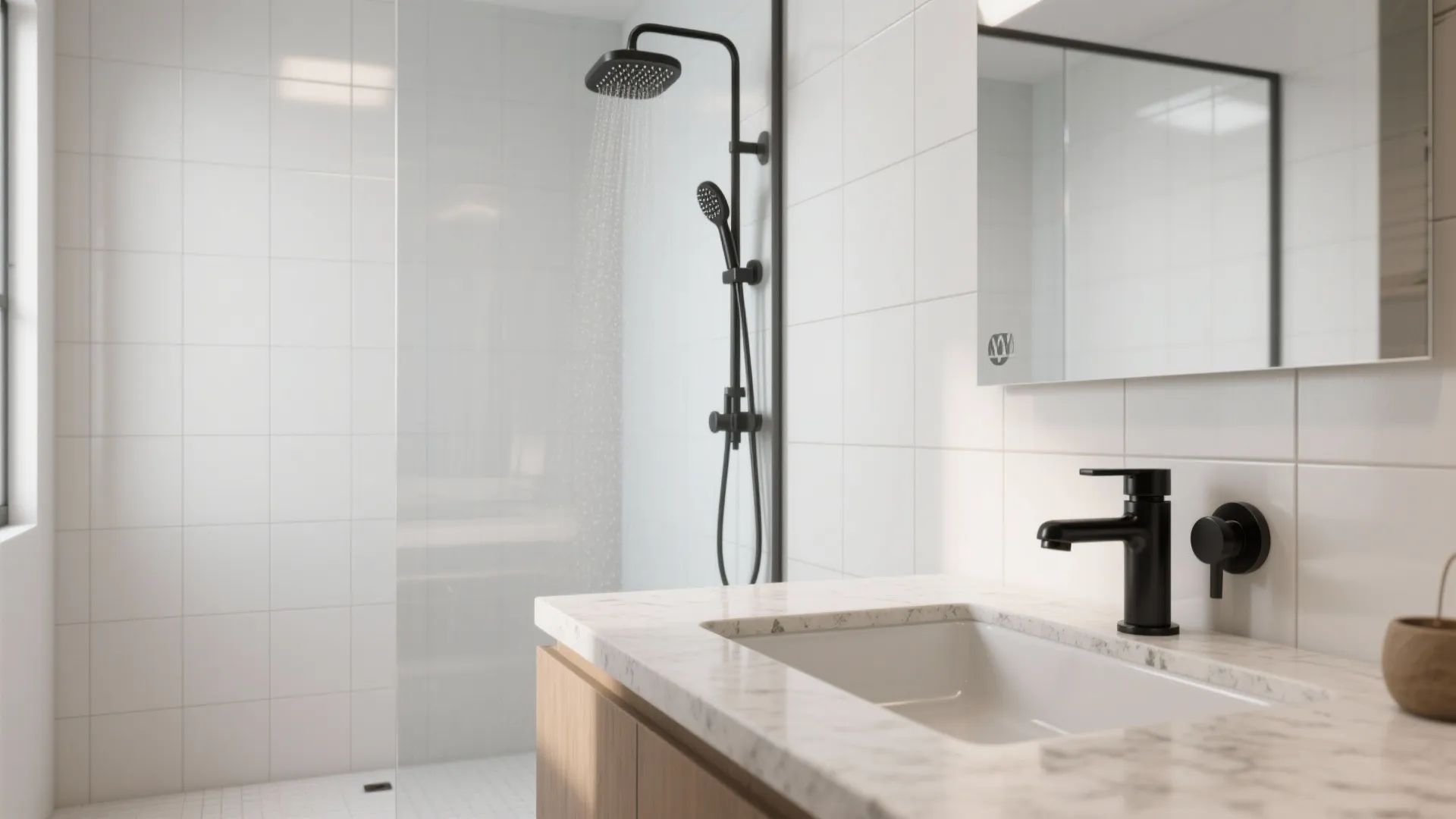 Modern bathroom featuring matte black sink faucet and matching shower head with white wall tiles
