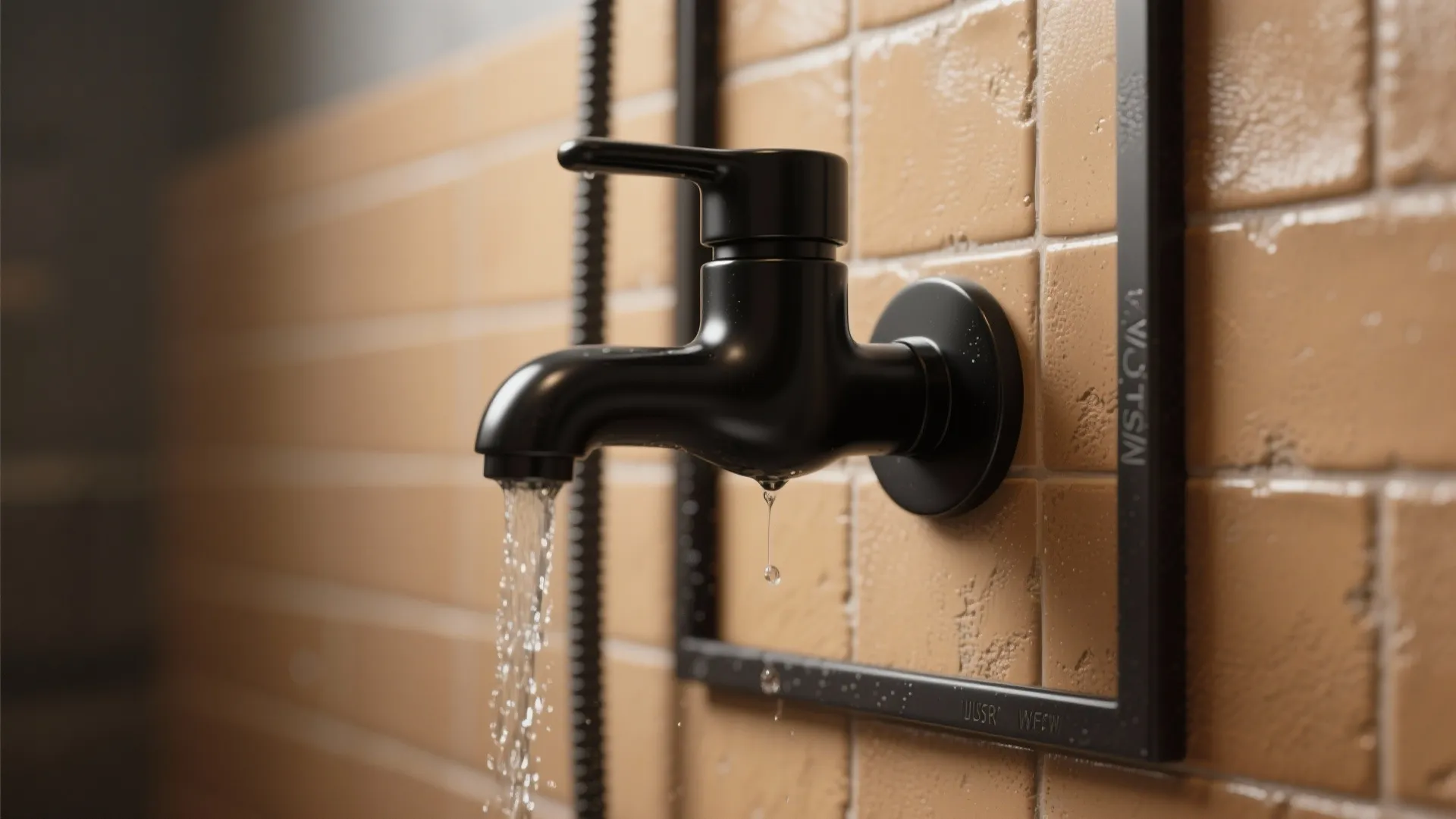 1. Matte black fixtures with warm tan tiles