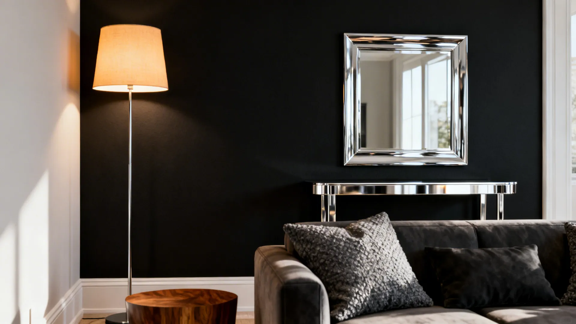 Small living room with a matte black feature wall, silver mirror and warm lamp creating depth.