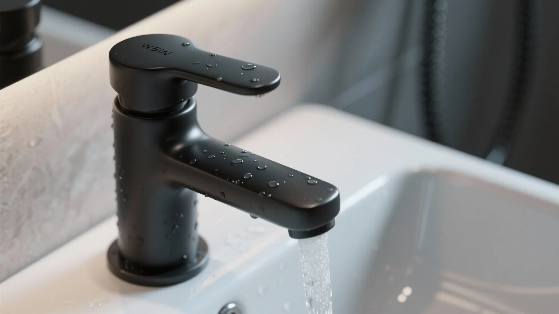 Macro view of matte black sink tap and shower fitting against pale grey background.