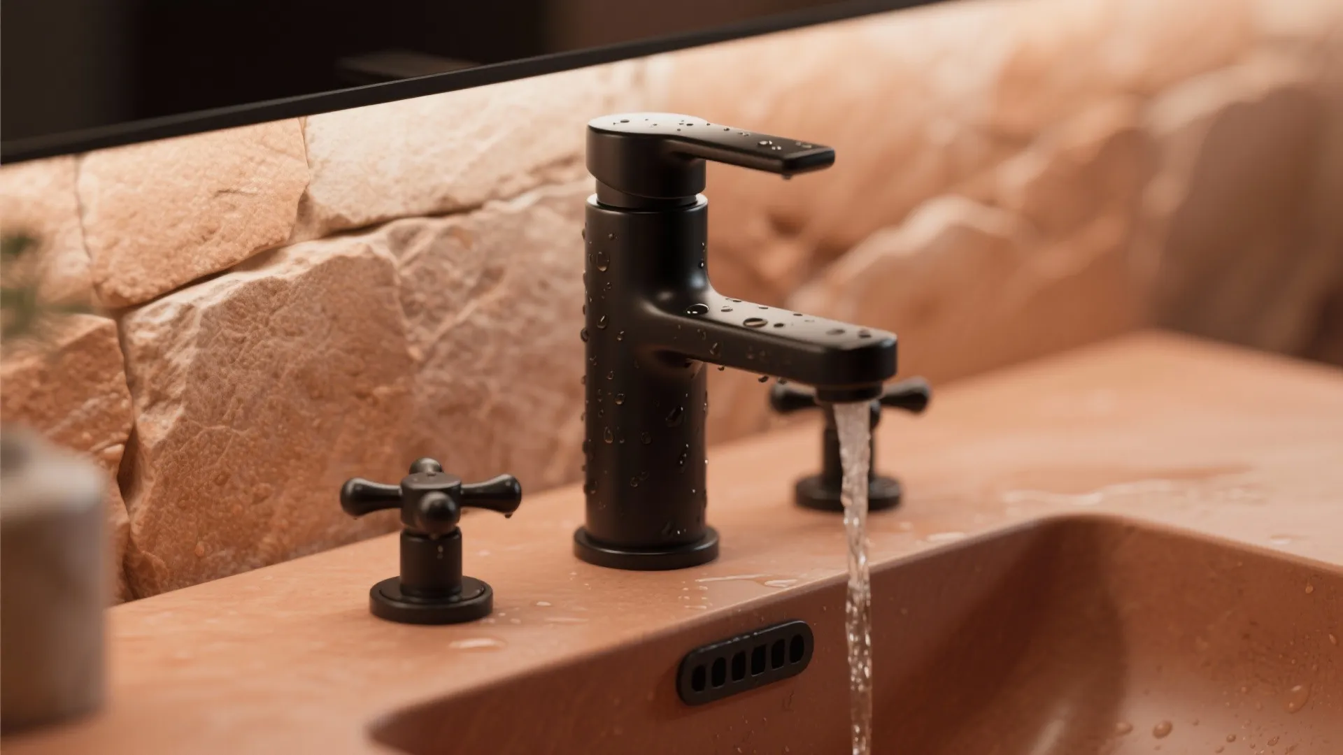 Modern matte black water tap with running water over a brown sink and stone wall