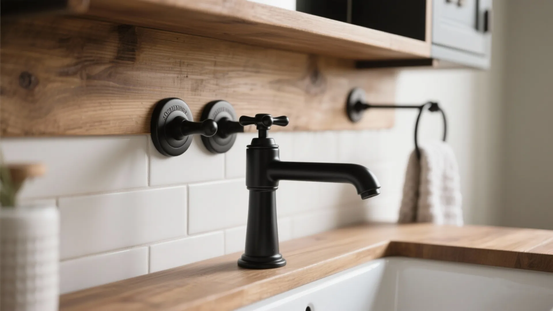 Close up of matte black sink water tap on wood counter with white tile wall