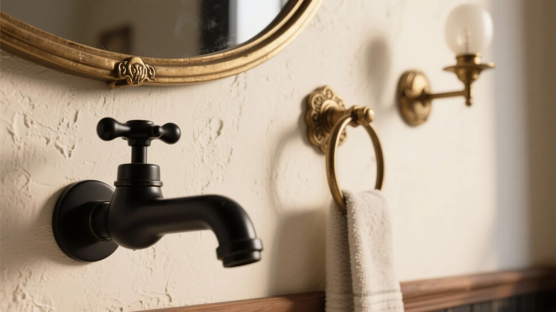 2. Matte Black Fixtures with Vintage Touches