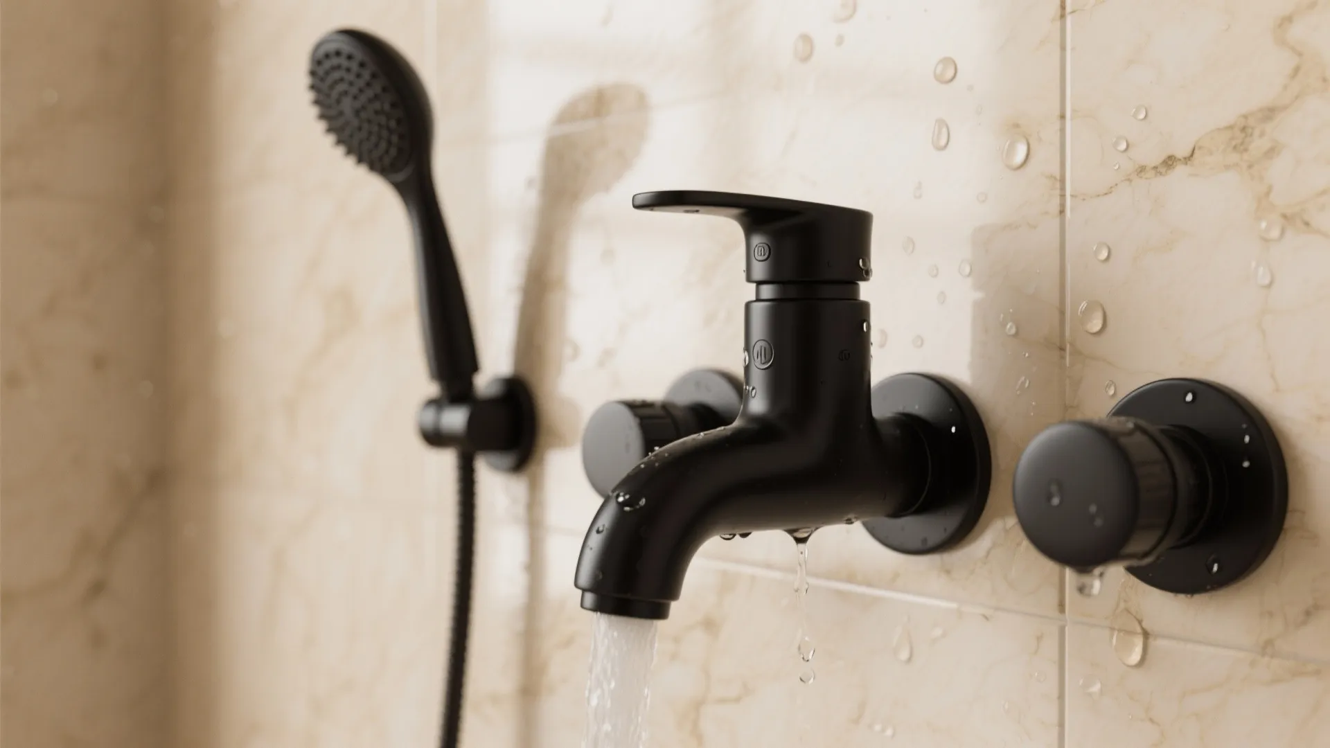 Matte black bathroom faucet with running water on beige marble wall and handheld shower head