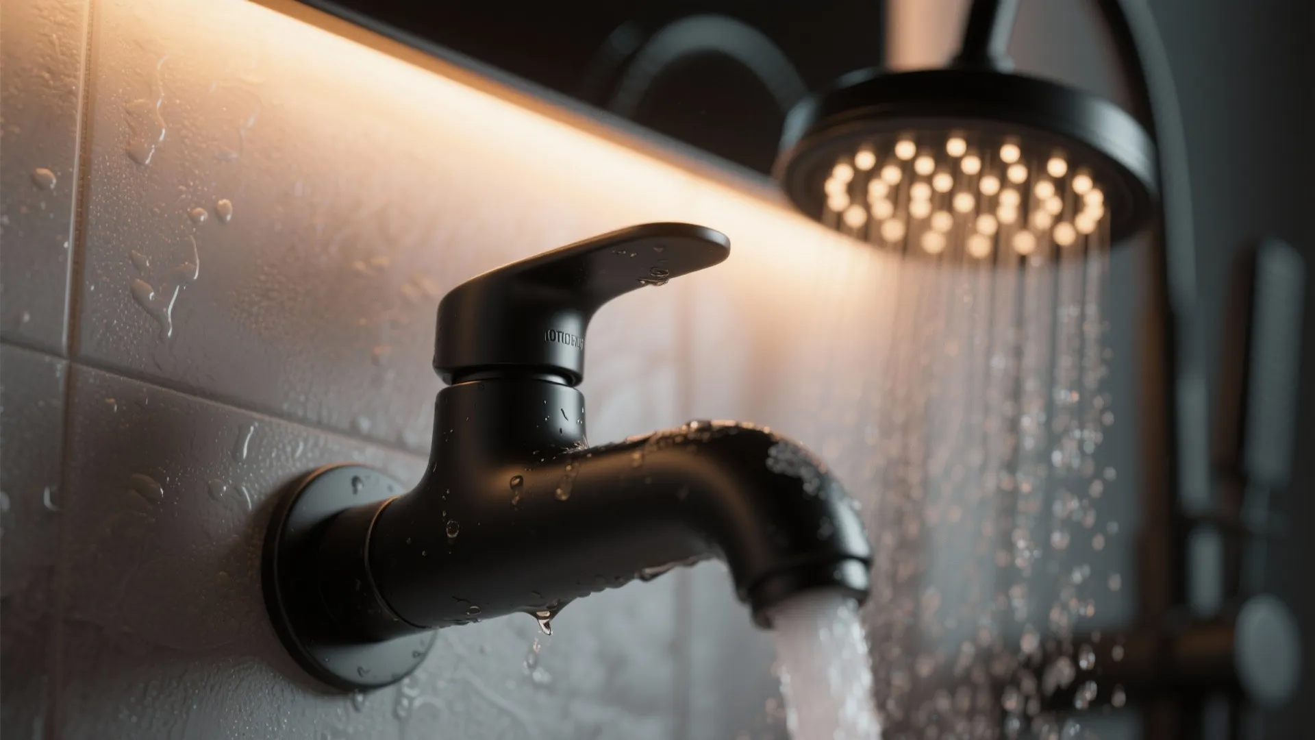 3. Matte Black Fixtures with Warm Lighting