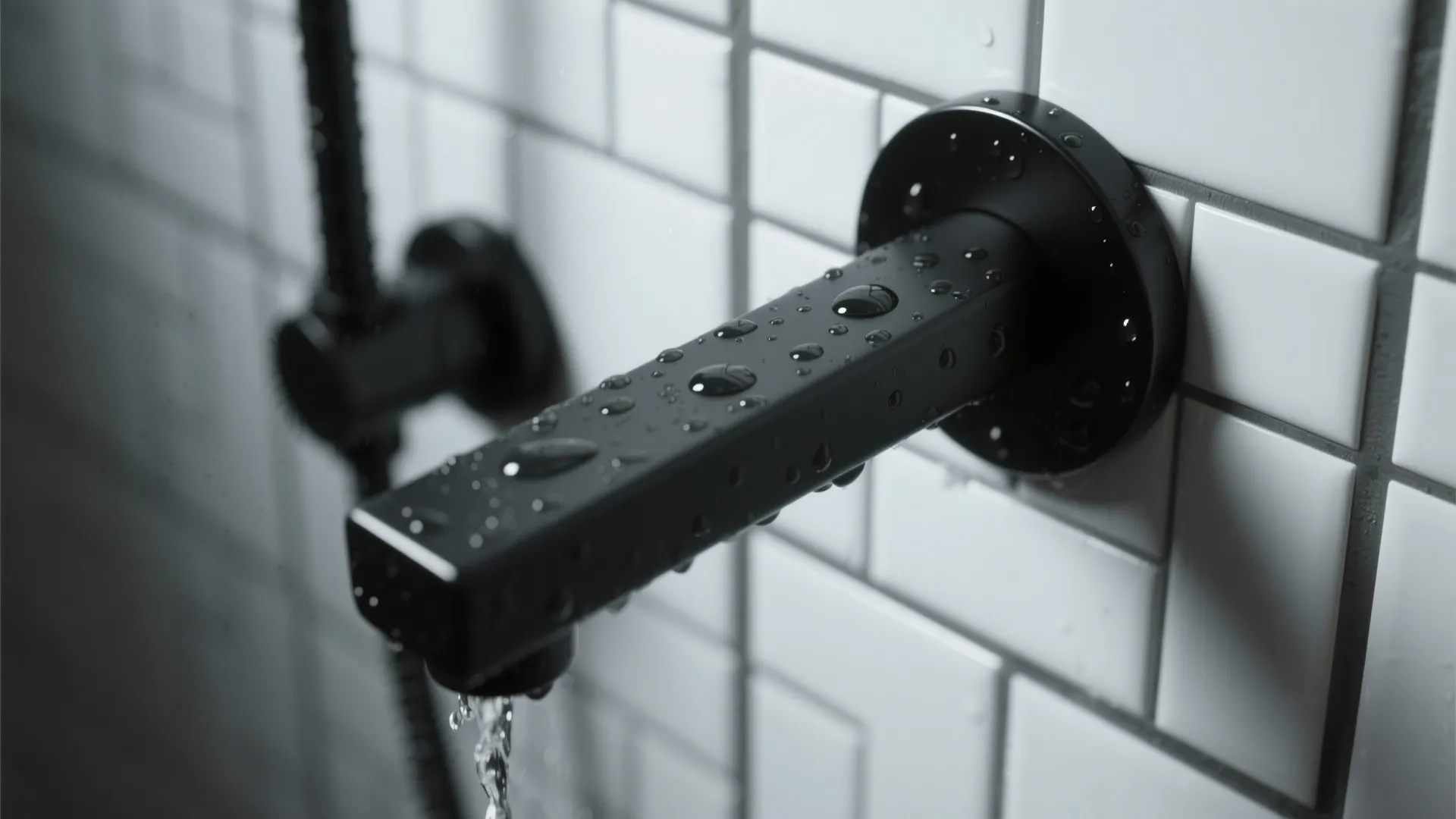 Matte black shower fixtures against white tiled wall