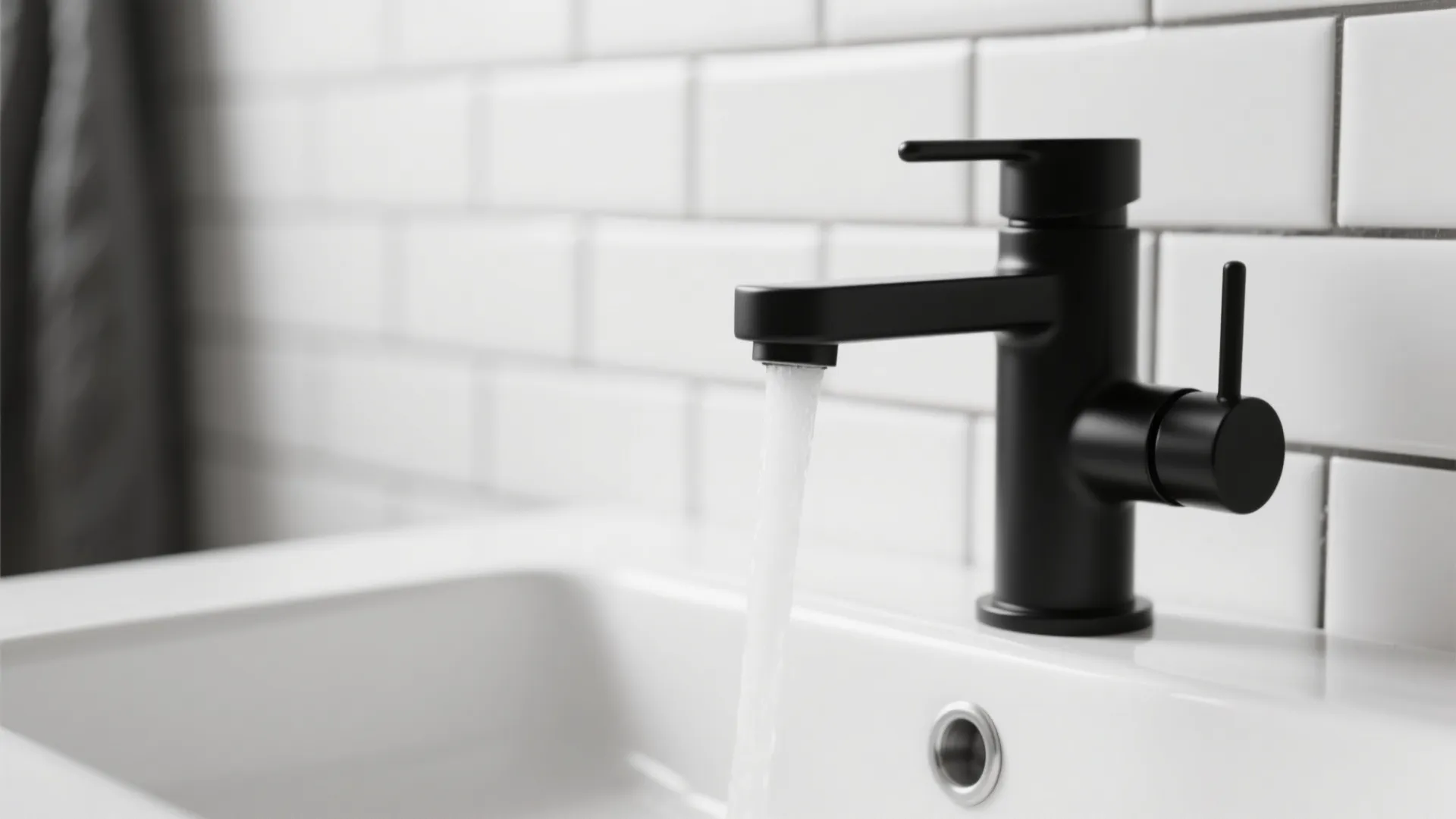 Close-up of matte black water faucet with running water into white sink against white tiles