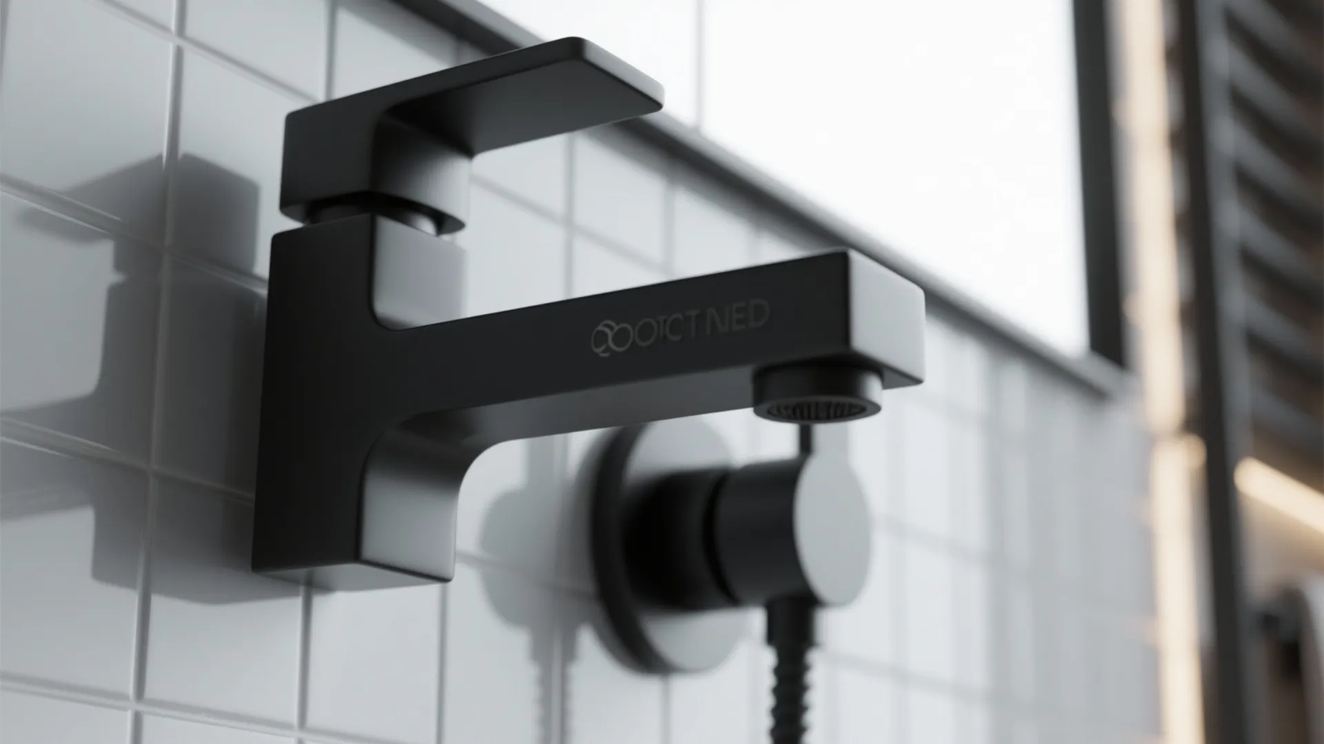 Matte black water faucet installed on white square bathroom wall tiles in a modern home
