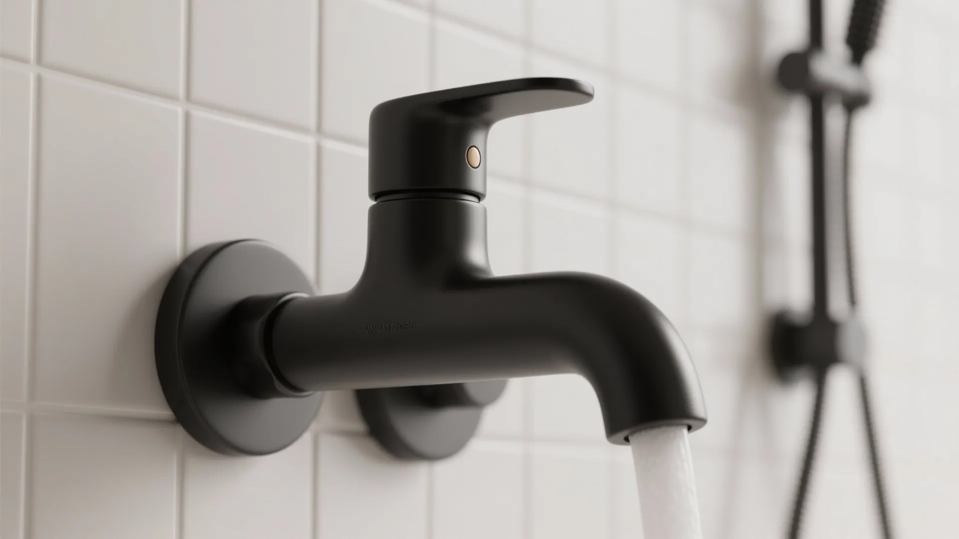 Macro view of matte black bathroom faucet and showerhead