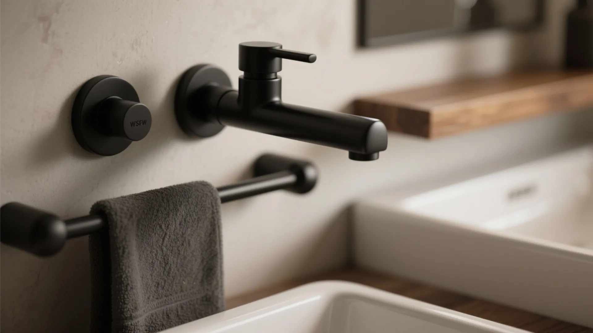Macro image of matte black faucet, towel rail, and drawer pull showing tactile finish and edge detail.