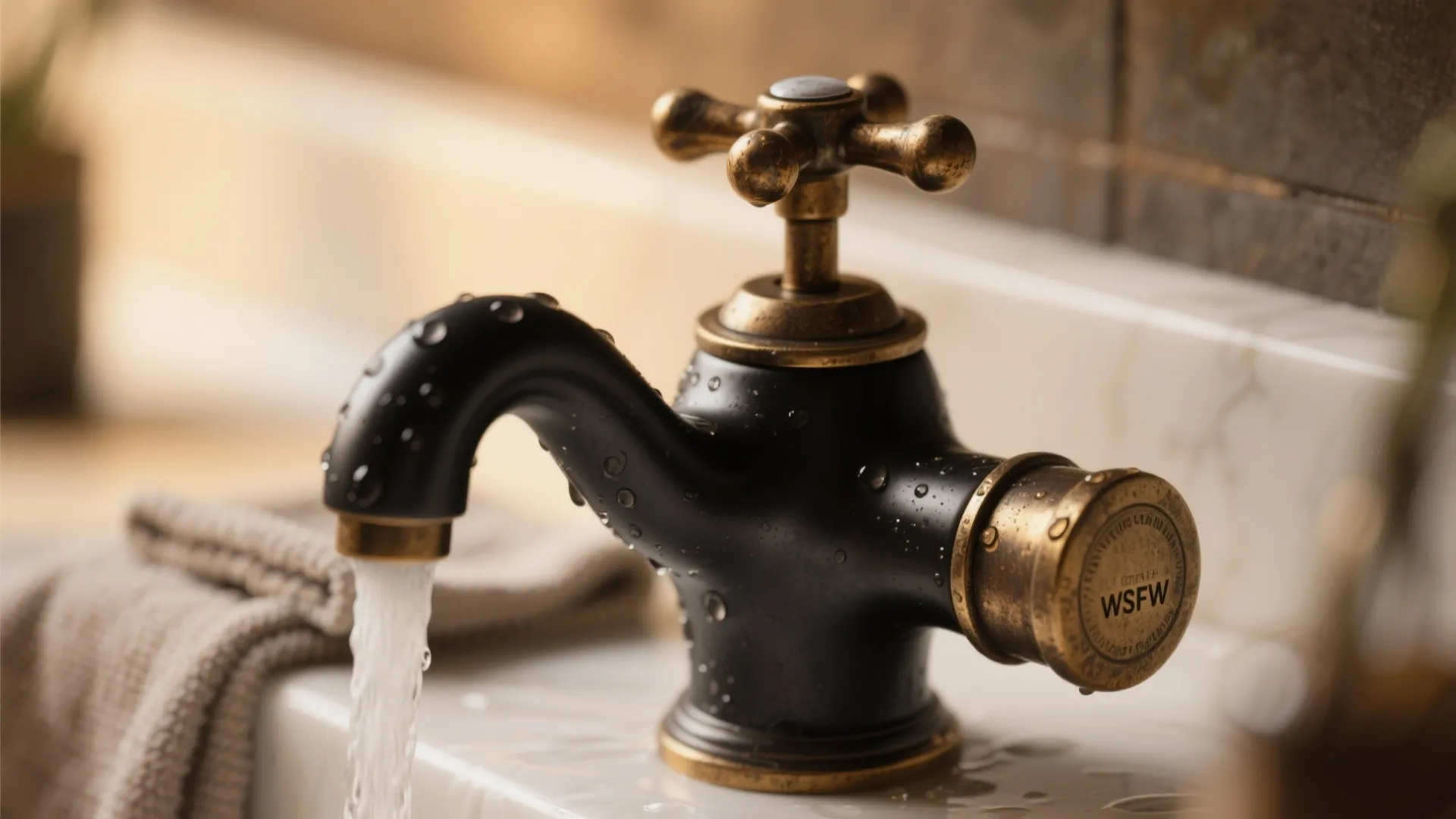 Black and gold water tap with water flowing into a marble sink in a bathroom