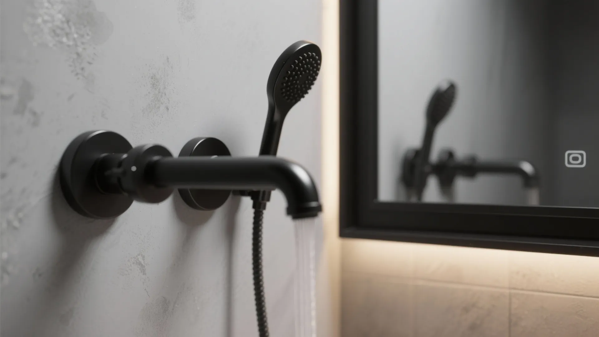 Matte black wall mounted water tap with running water next to a matching black shower
