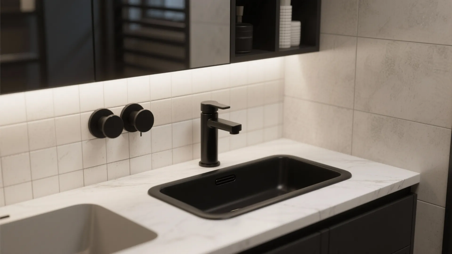 2. Matte black fixtures for cohesive minimalism