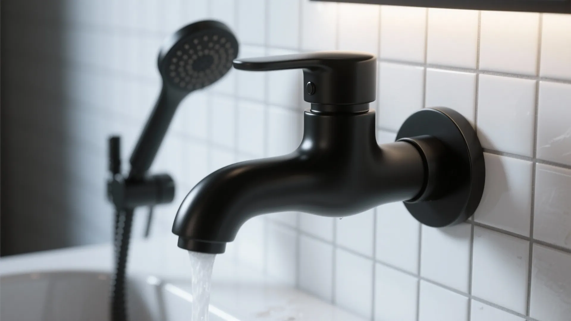Matte black water tap and shower head installed on white square tiles in modern bathroom