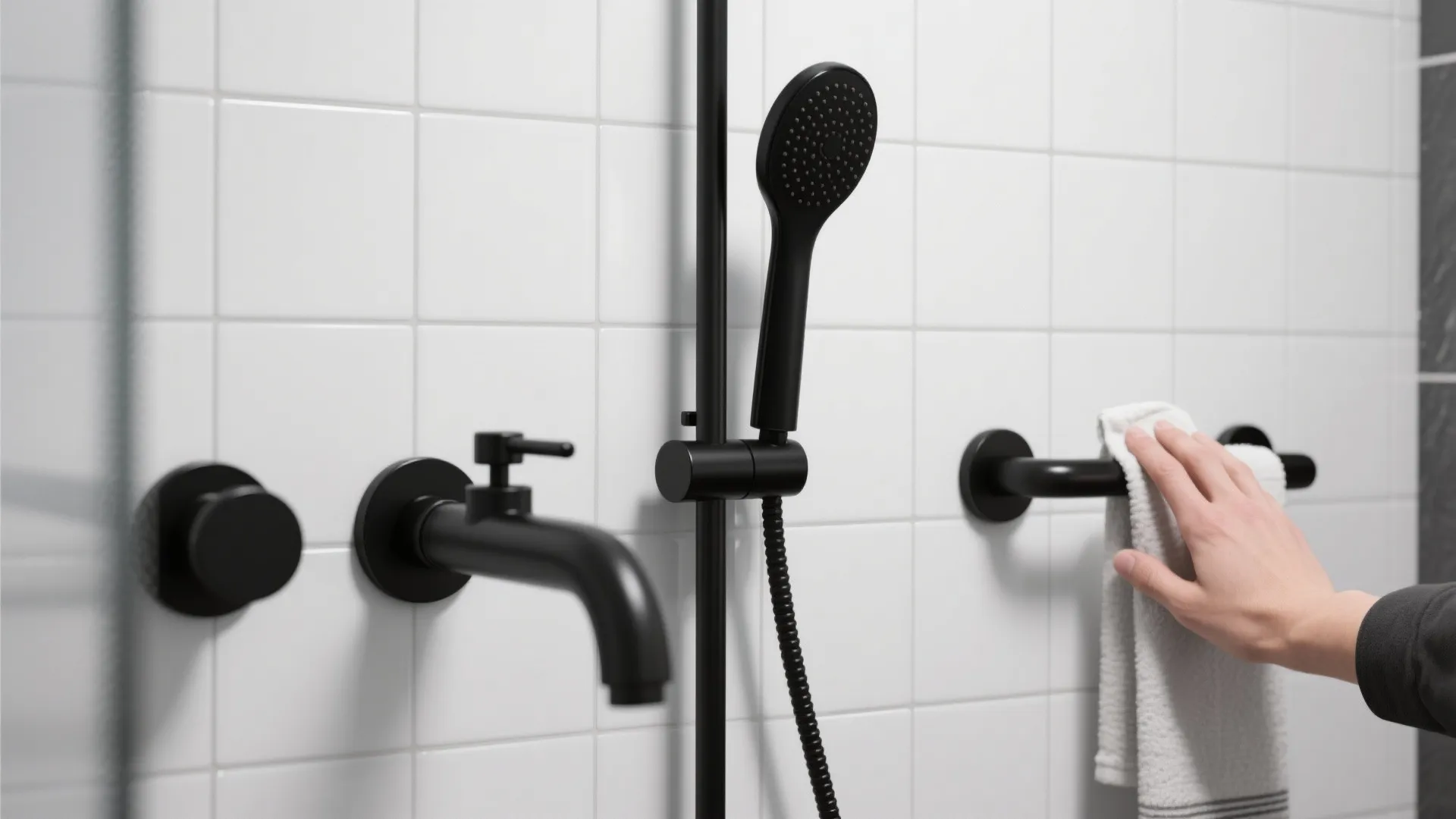 Hand cleaning matte black shower head and faucet on white square wall tiles with towel