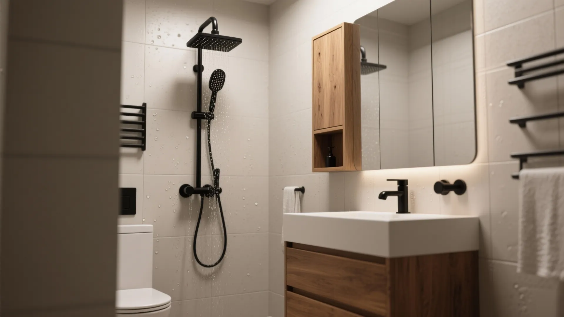 Modern bathroom with matte black shower head wooden cabinet white sink and large mirror design