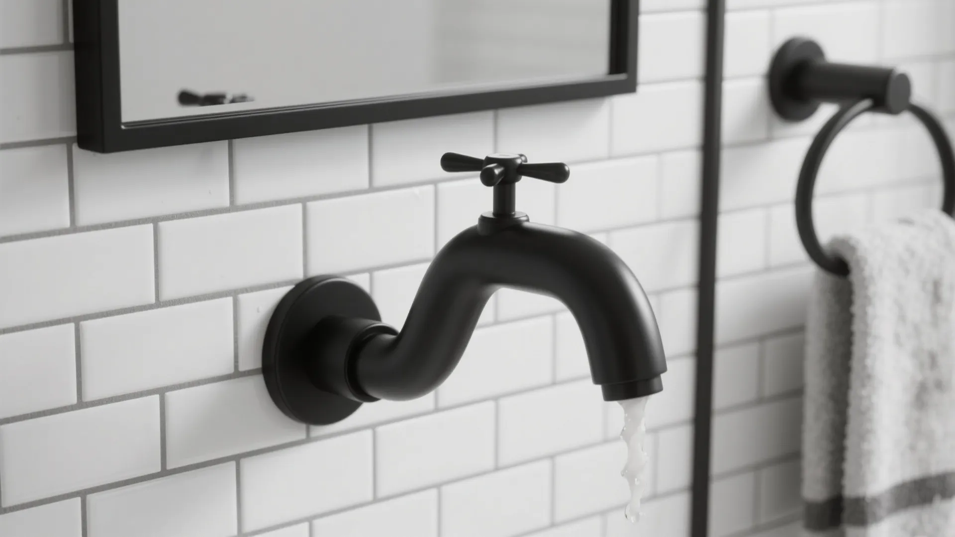 Close up of matte black wall water tap on white brick tiles with hanging towel