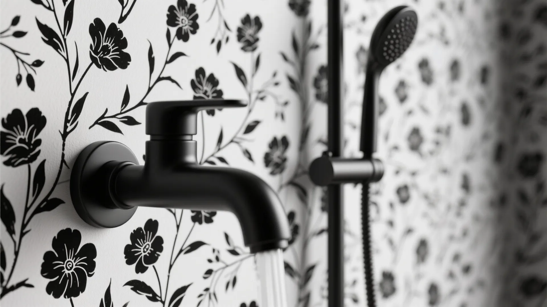 Matte black water tap with running water against a black and white floral patterned wall