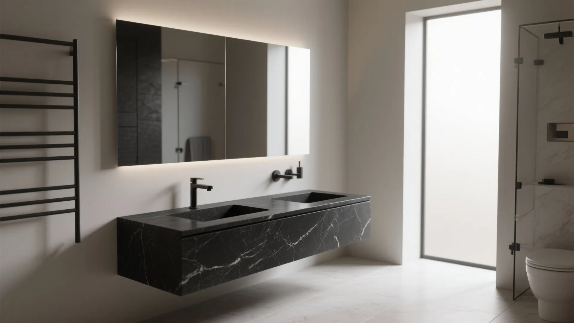 Matte black stone countertop on a floating vanity in a compact minimalist bathroom under soft daylight.