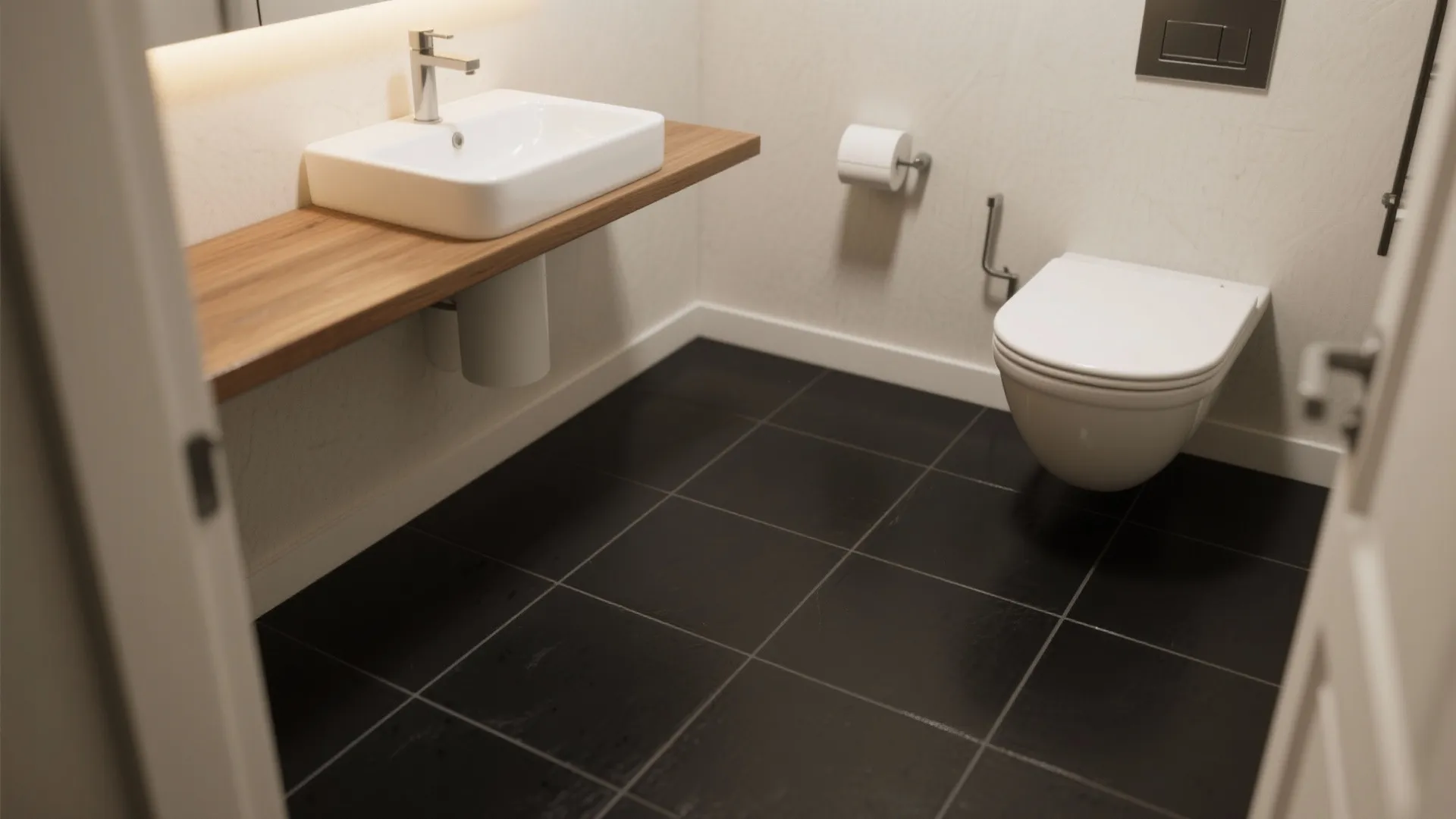 1. Matte black floor, contrasting white fixtures