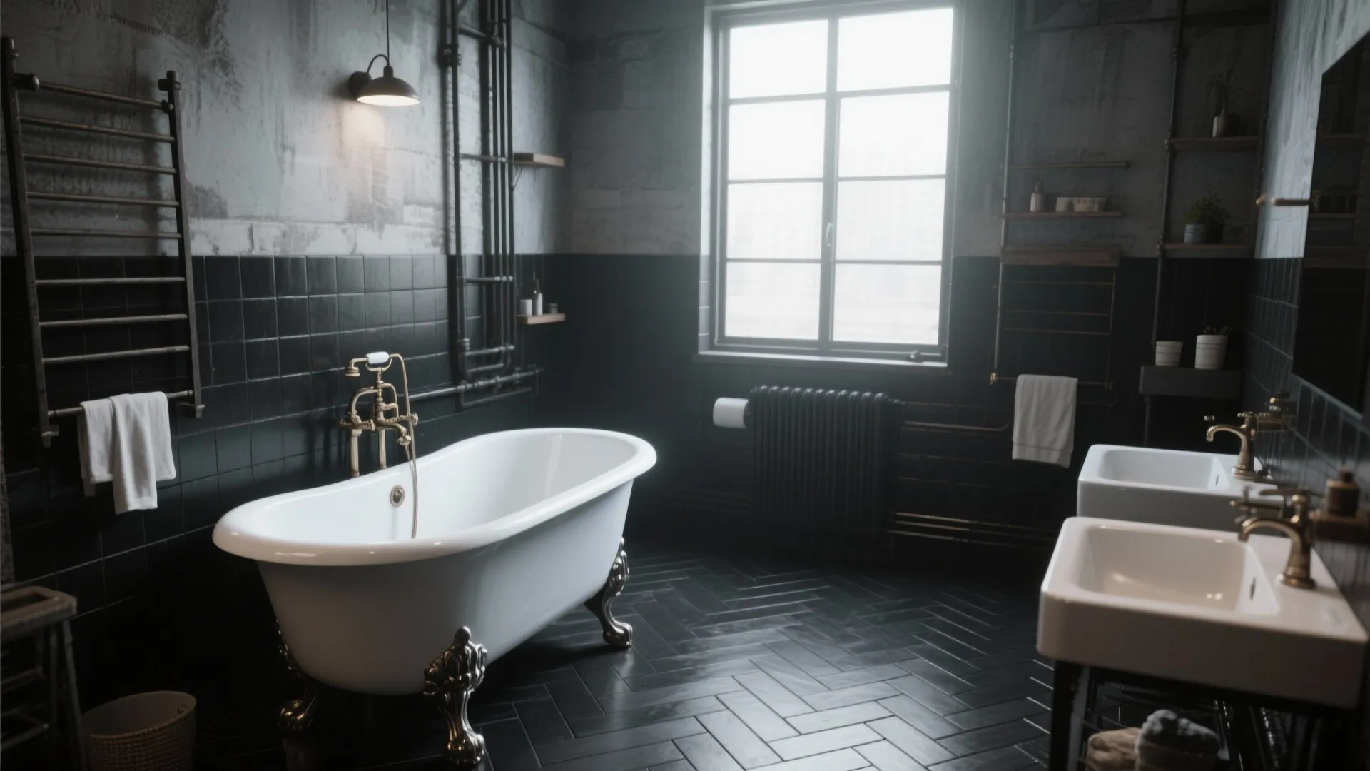 Industrial bathroom with matte black herringbone floor tiles and a white clawfoot tub