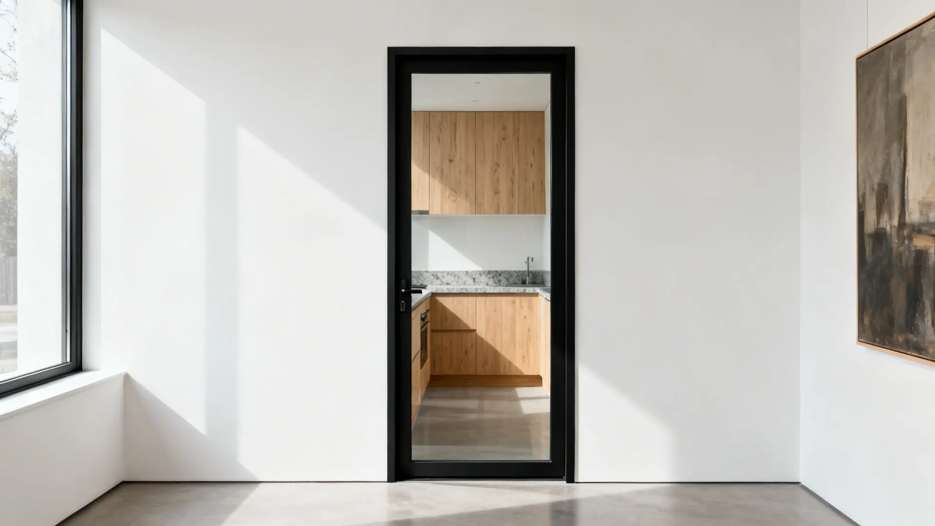 Matte black aluminium framed glass door adds modern contrast to pale oak kitchen under soft light.