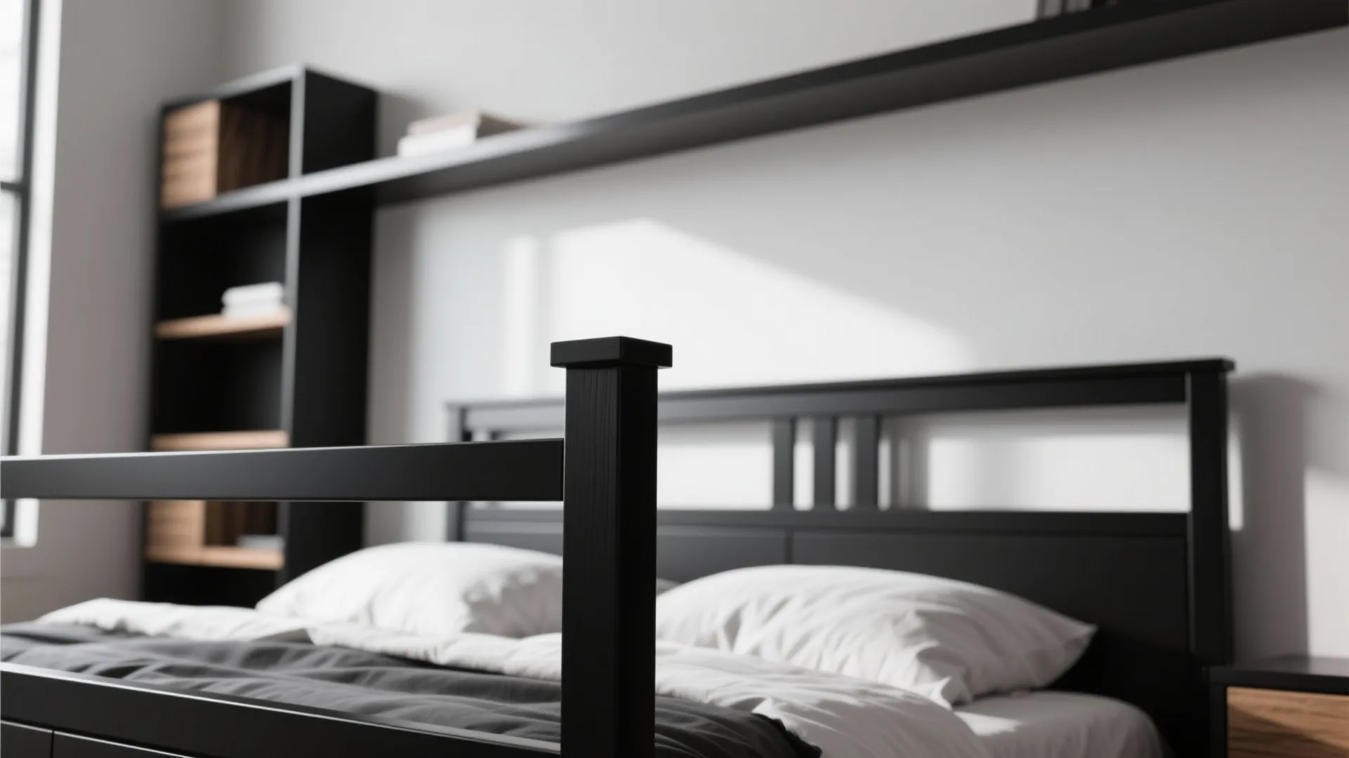Modern bedroom featuring a matte black bed frame with white pillows and matching wall shelves