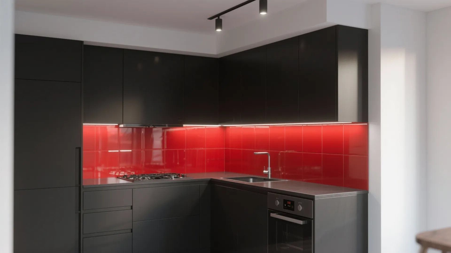 1. Matte Black Cabinets with Glossy Red Backsplash