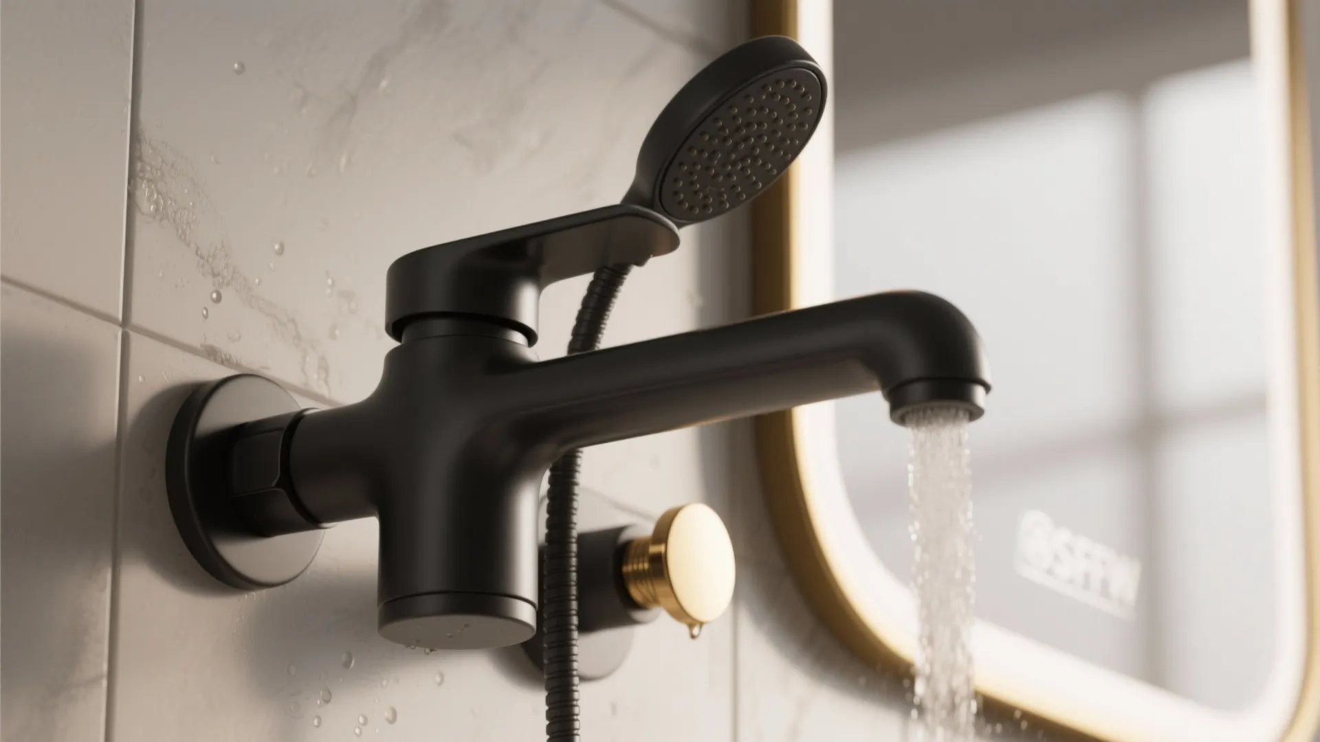 Matte black faucet and showerhead with brushed gold knob and mirror trim close-up.