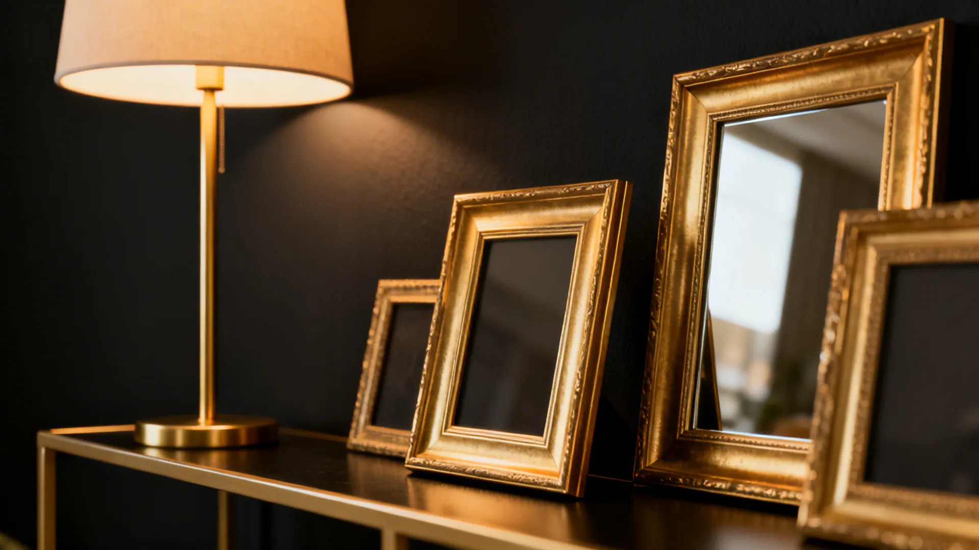 Matte black wall with warm gold frames, a gold console lamp and reflective mirror.
