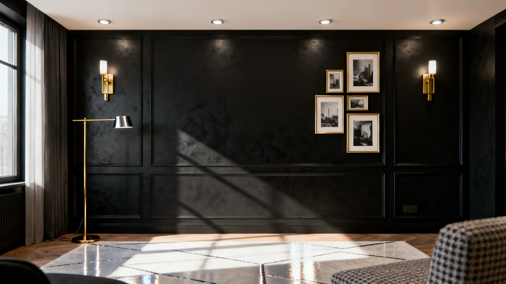 Matte black wall with brushed gold lamp and gold-framed black-and-white prints above a reflective rug.