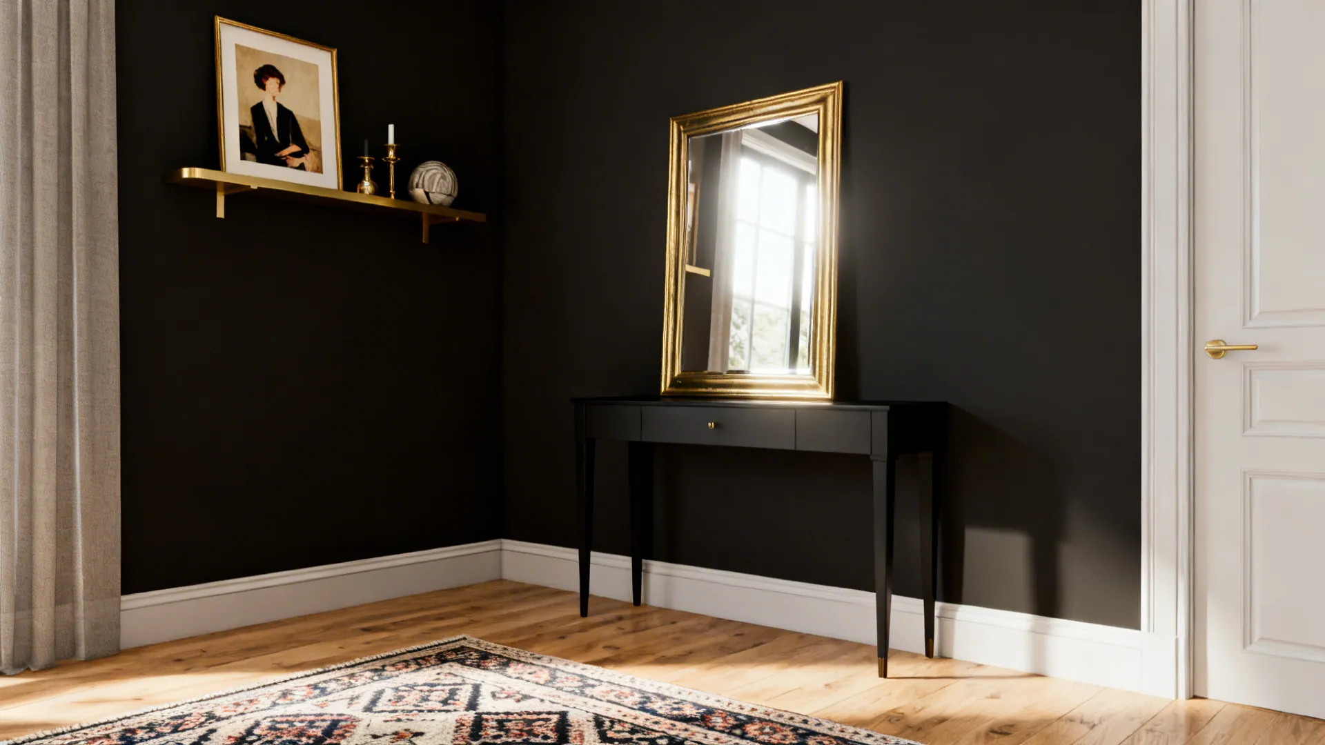 Small room with one matte black wall, gold-framed art and a slim gold shelf reflecting daylight.