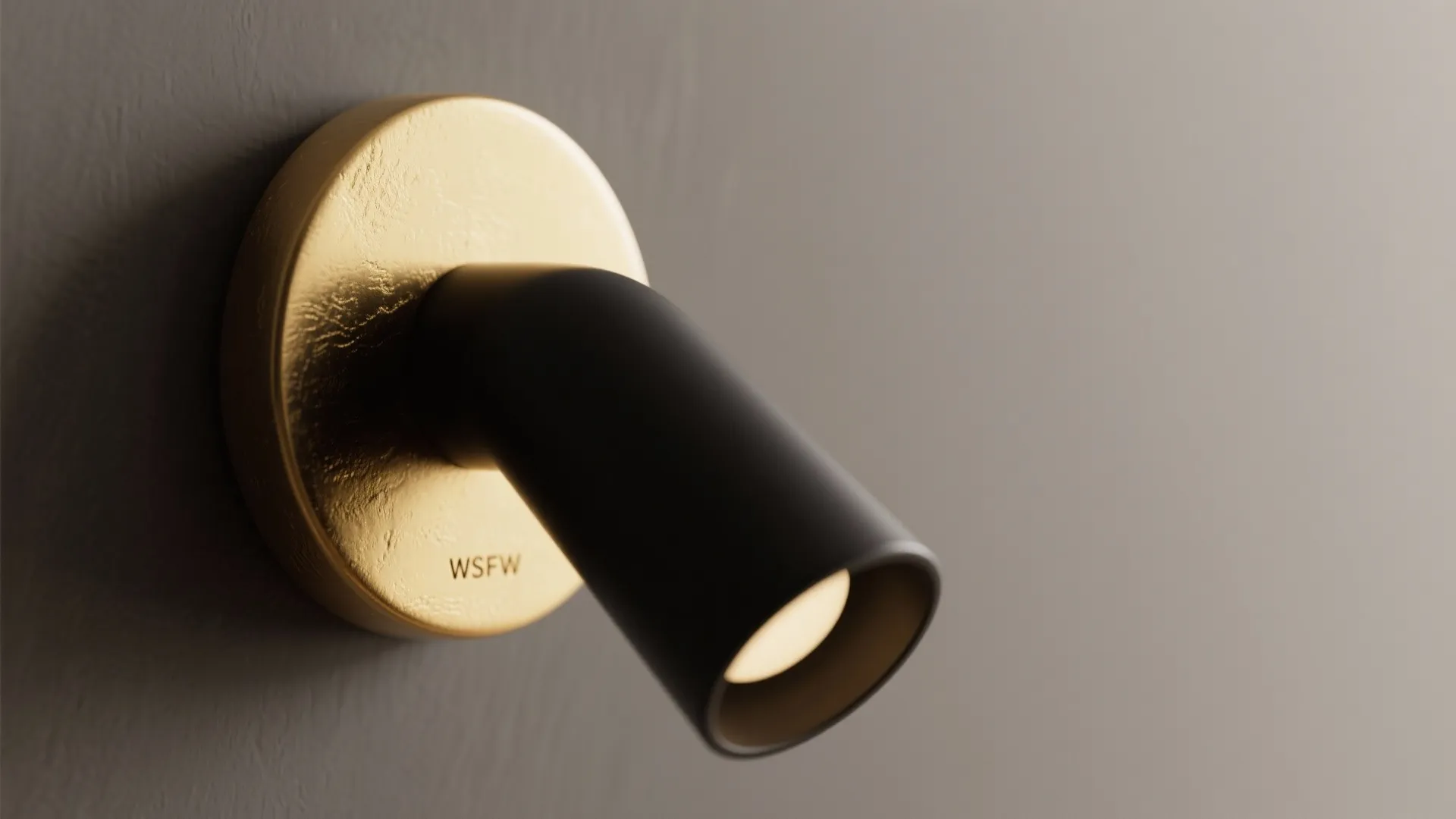Macro view of a matte black arm and brushed gold backplate on a bathroom sconce showing metal texture and warm reflection.