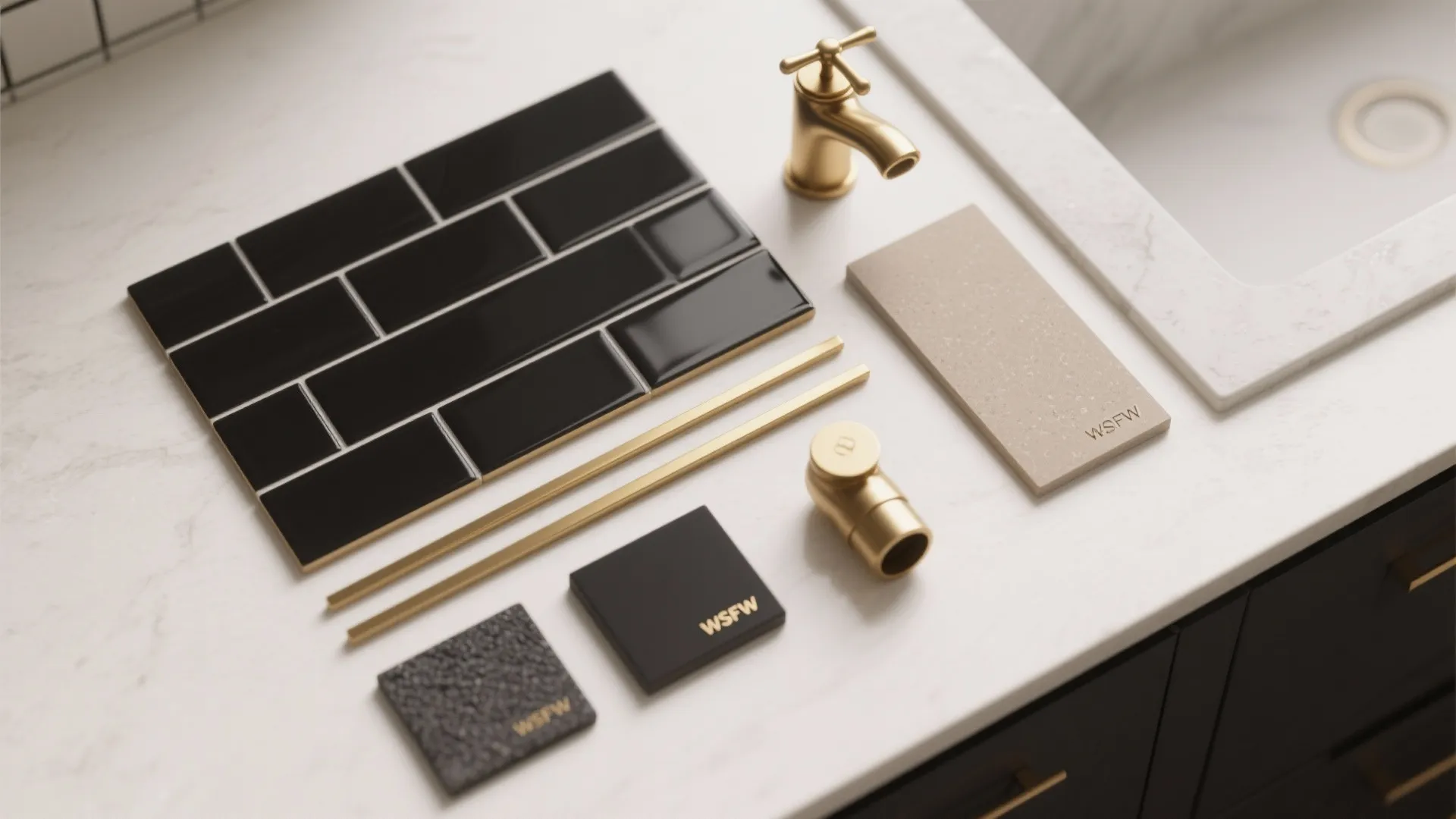 Interior design materials including black tiles gold hardware and stone samples on a white marble surface