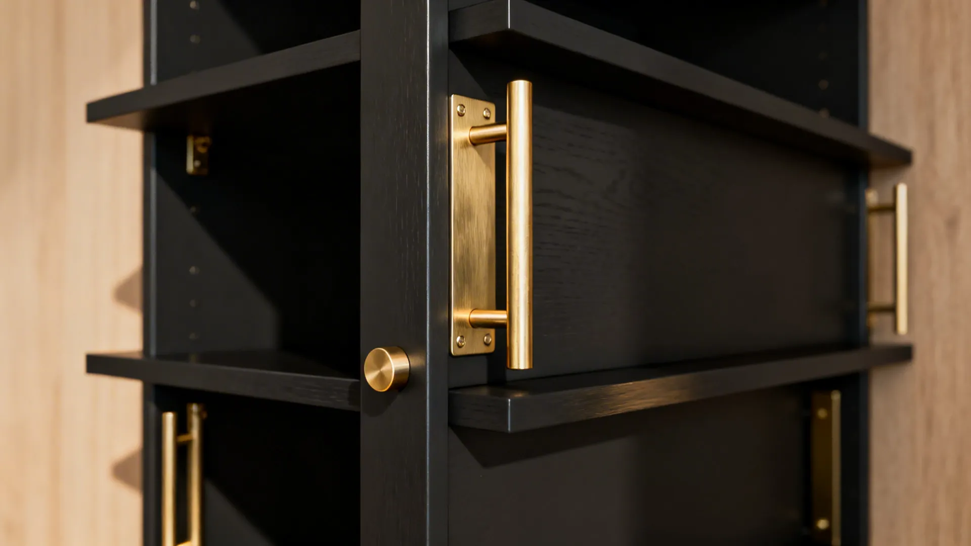 Close-up of matte black shelving with brushed gold handles highlighting texture and finish.