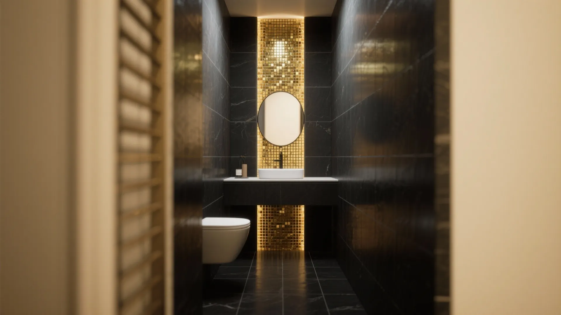 1. Matte black floor + gold mosaic accent wall