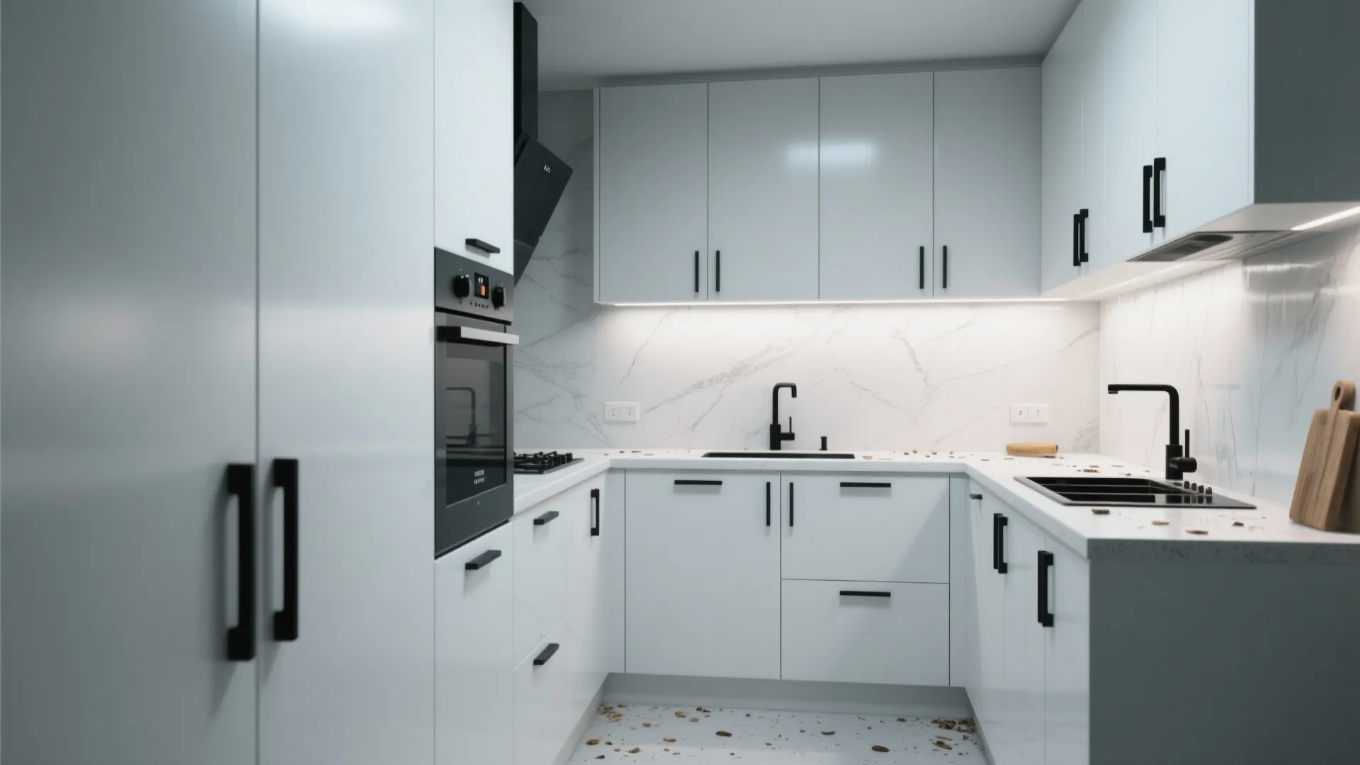 Modern white kitchen with matte black handles on cabinets plus a black oven and faucet