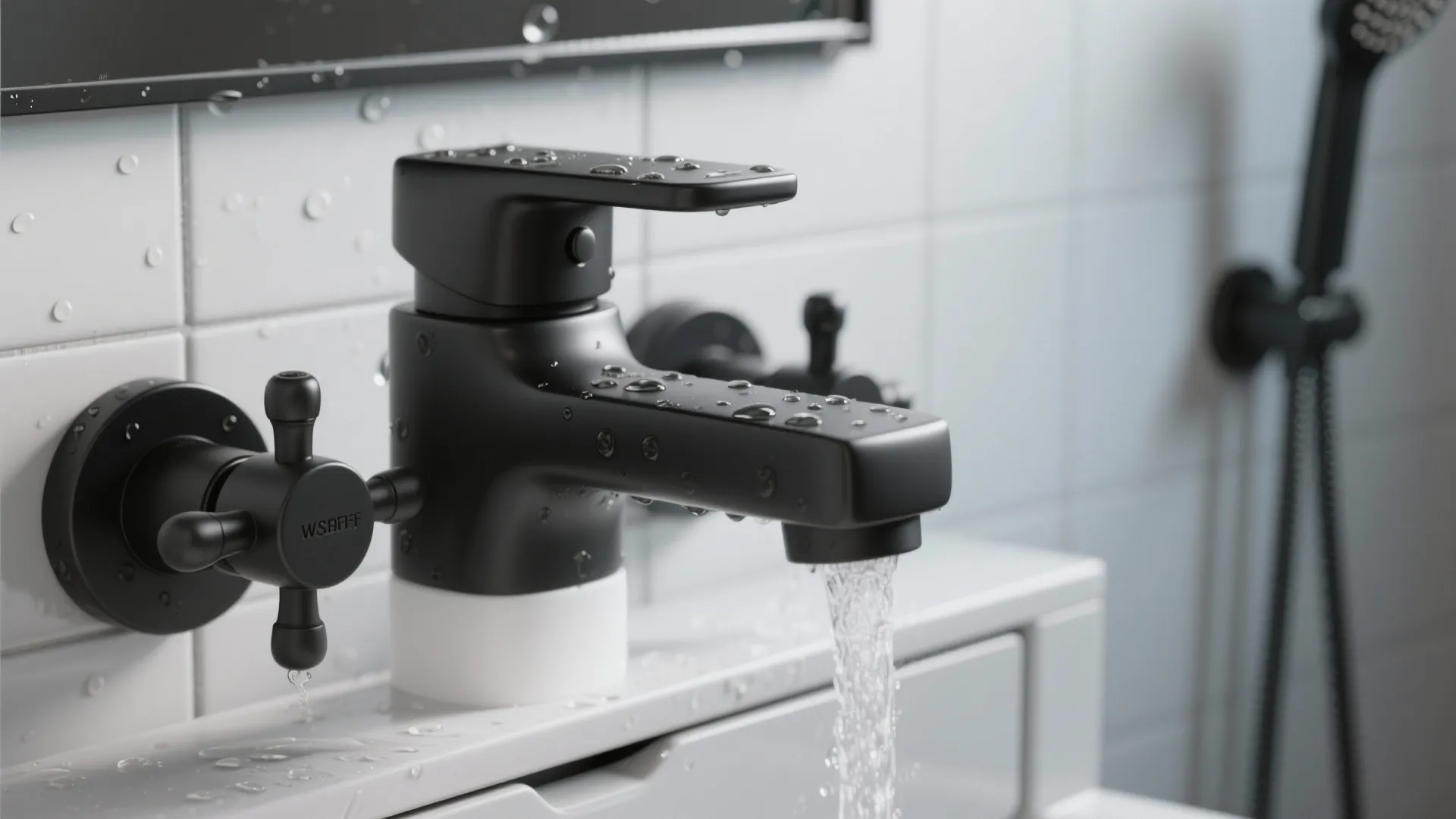 Matte black water tap with running water over white bathroom sink and white wall tiles