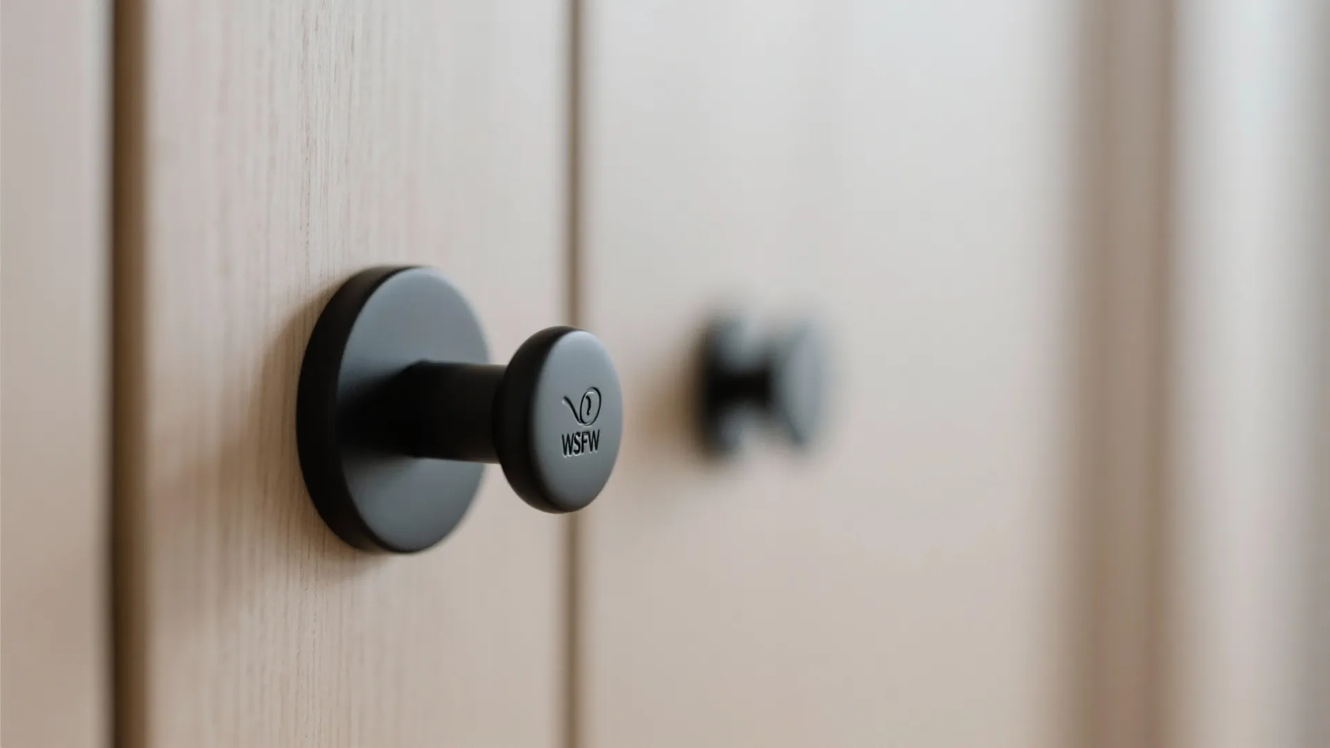 Matte black round knobs mounted on light wood cabinet doors in a modern home layout