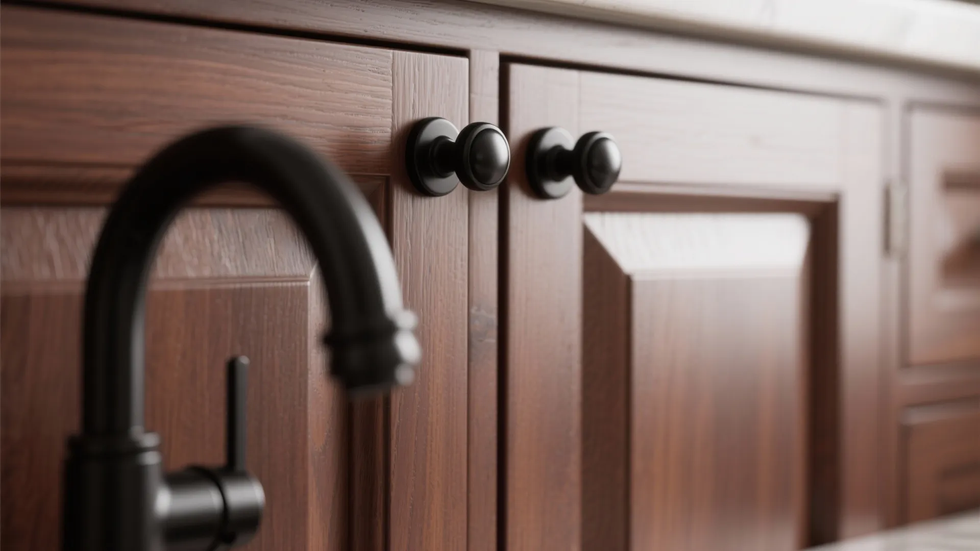 Close up view of matte black metal knobs on dark wood kitchen cabinet door with faucet