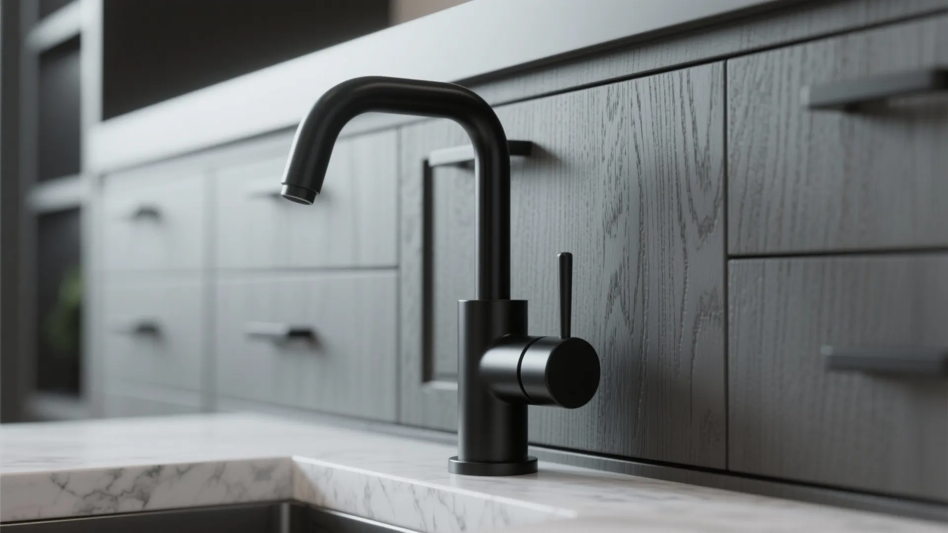 Close up of a matte black kitchen water tap on a white marble surface with cabinets