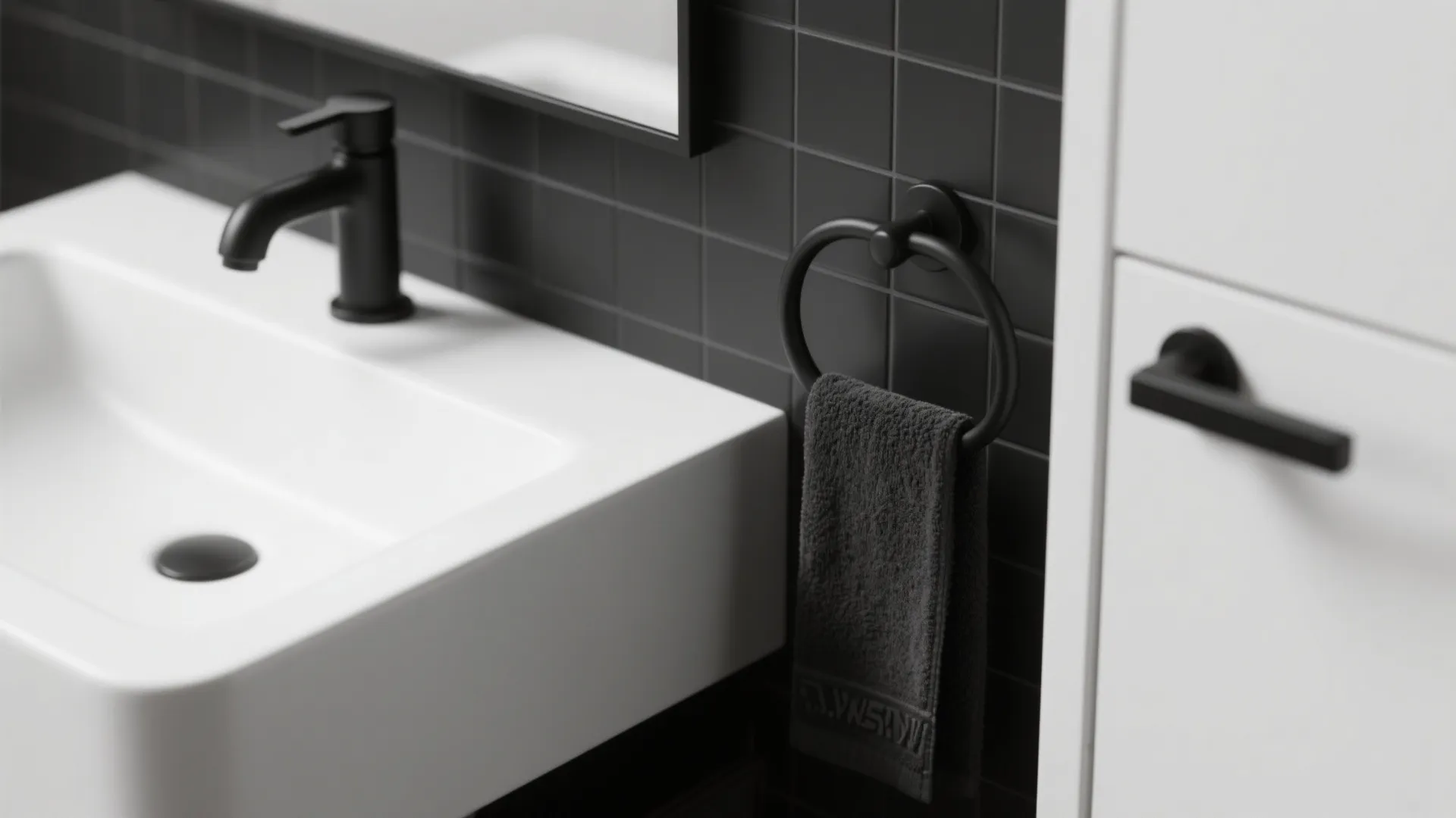 White bathroom sink with matte black faucet black towel ring grey towel and black tiles