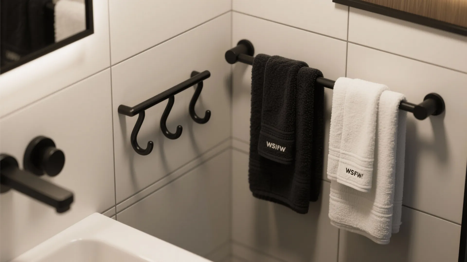 Matte black towel bar holding black and white towels next to black wall hooks bathroom