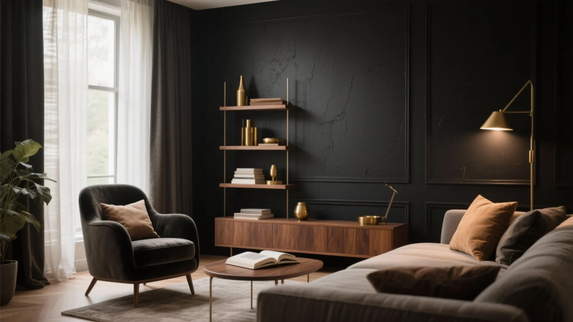 Modern living room with black wall panels, dark armchair, wood cabinet, grey sofa, and window