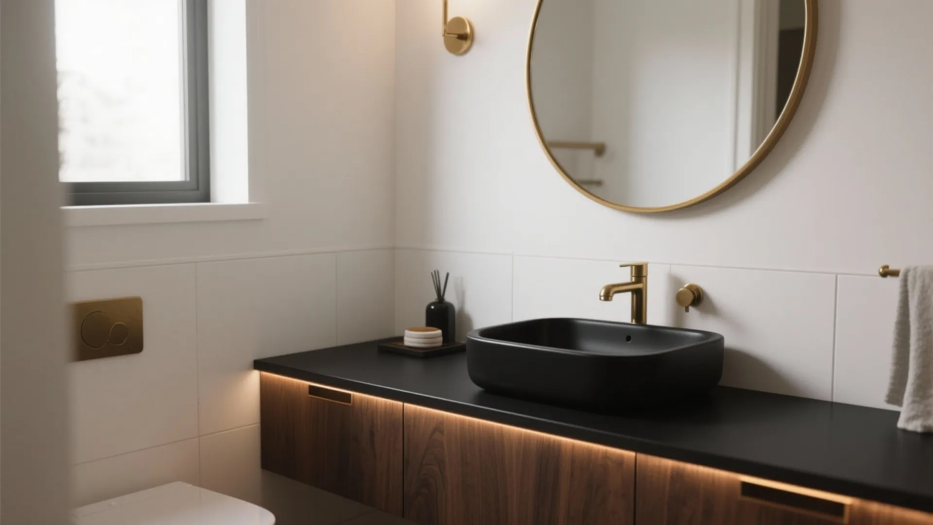 Minimalist bathroom with matte black sink gold tap round mirror and dark wood storage cabinet