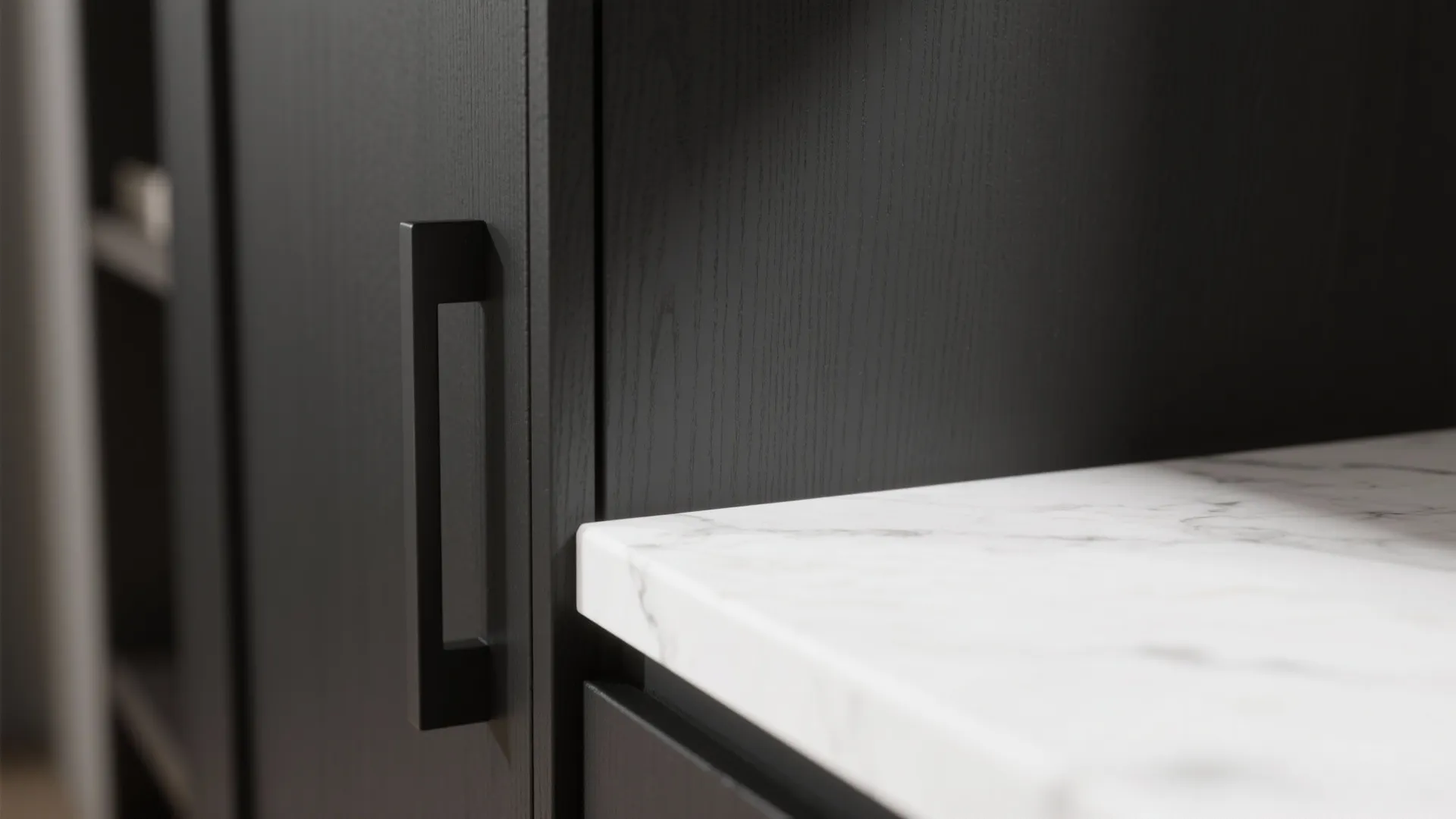 1. Matte black cabinets + honed white quartz