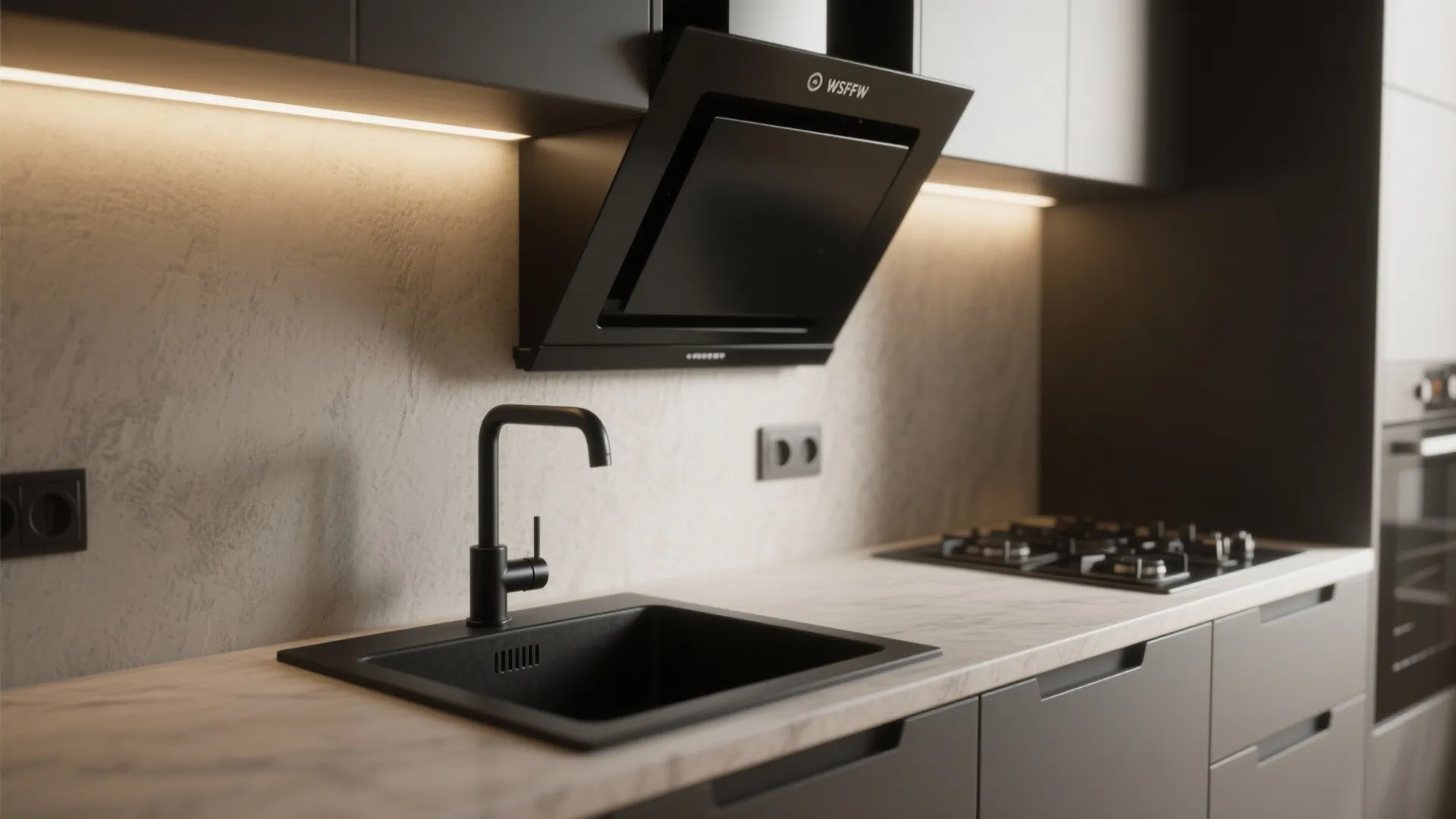 Compact kitchen featuring a black undermount sink and coordinated matte black fixtures and handles.