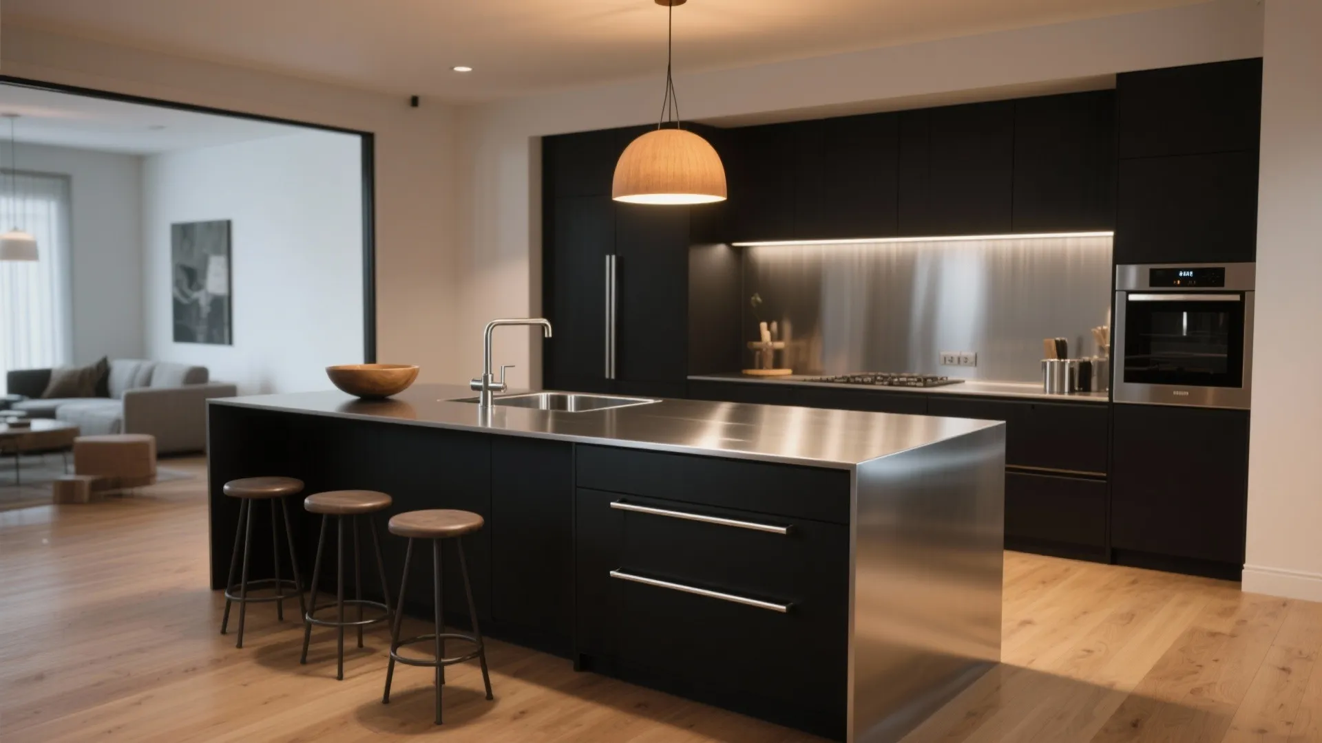 Matte black kitchen island with stainless bar pulls and a cantilevered steel countertop accent.